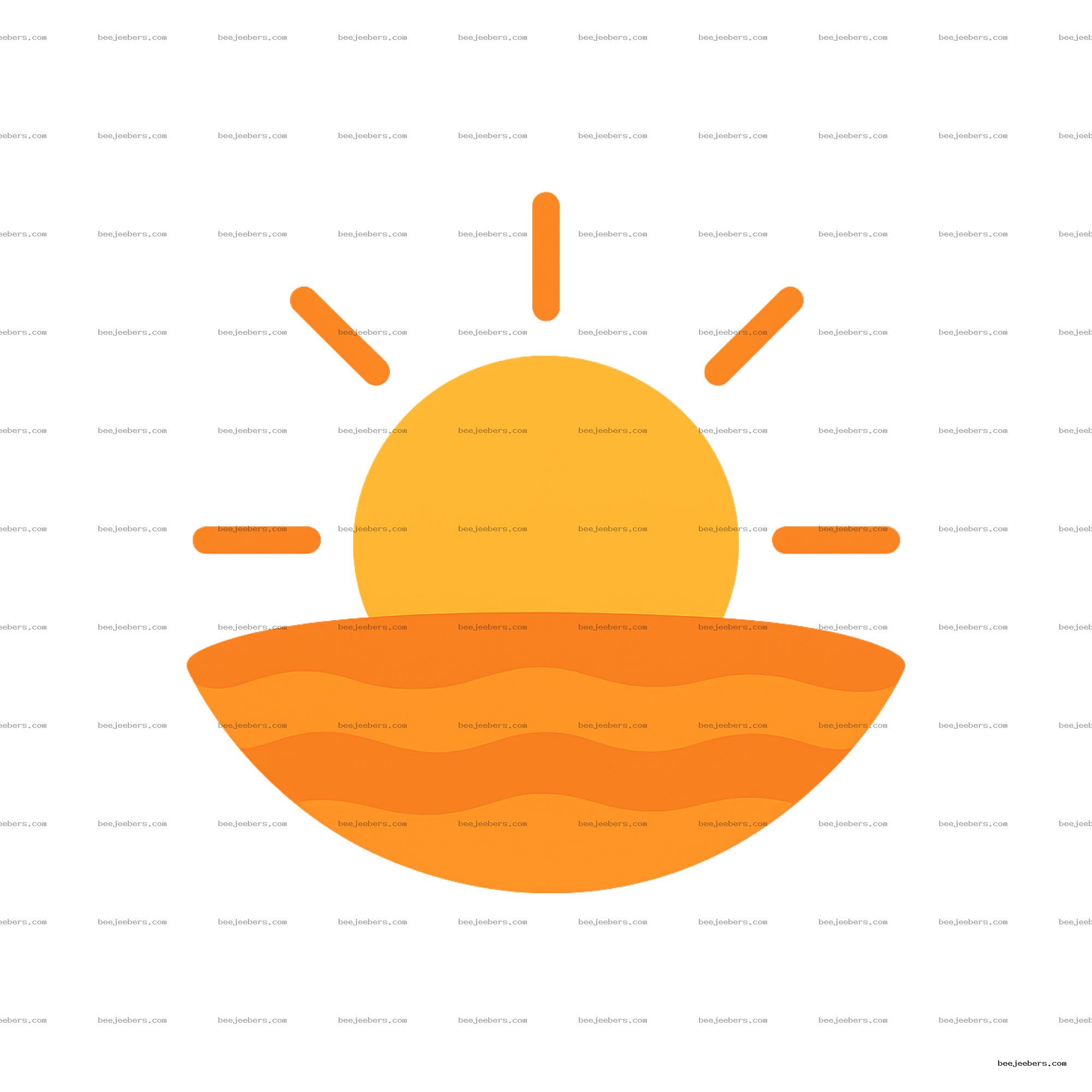 Vector image of a yellow sun setting behind an orange horizon with rays extending outward on transparent background