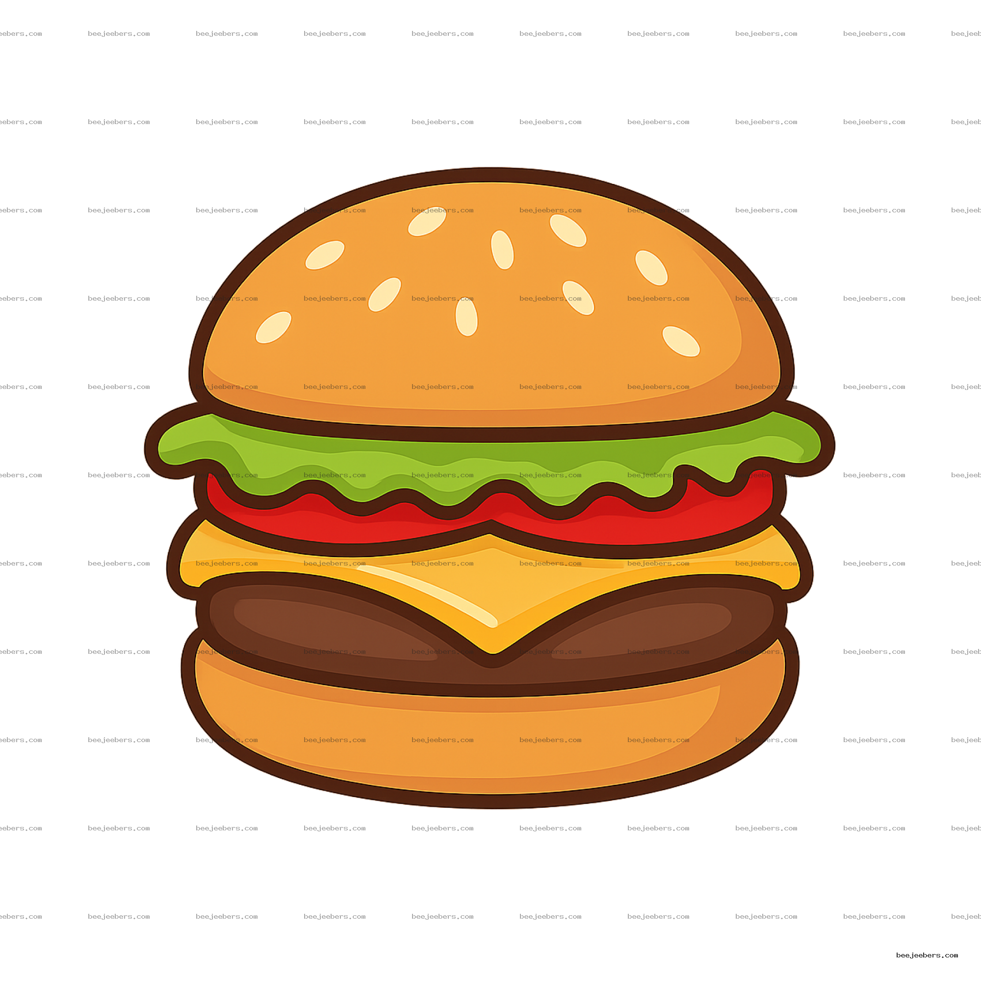 Cheeseburger cartoon vector with sesame bun, lettuce, tomato, cheese, and patty on transparent background