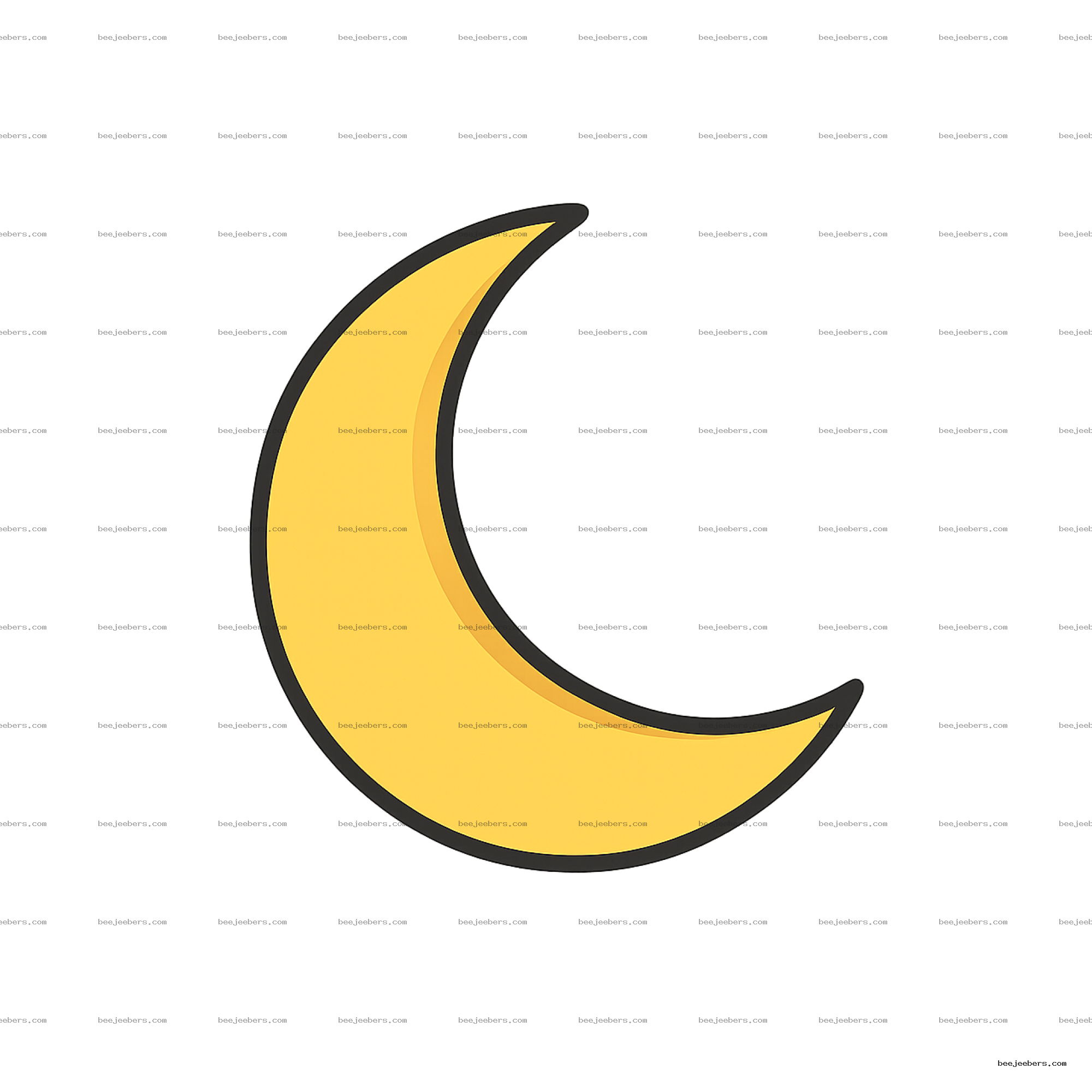 Yellow crescent moon clipart with black outline on transparent background