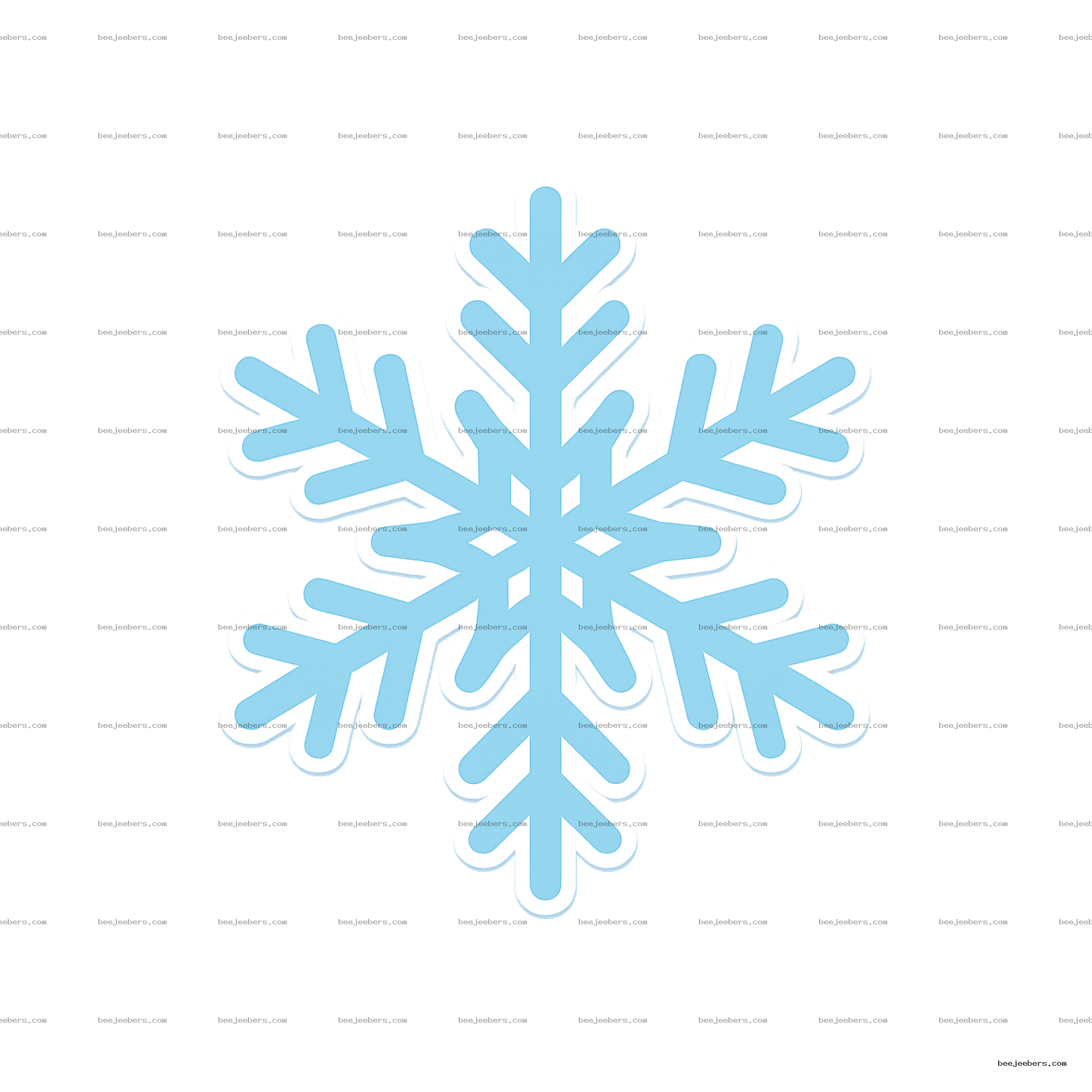 Light blue symmetrical snowflake with white outline on transparent background digital PNG