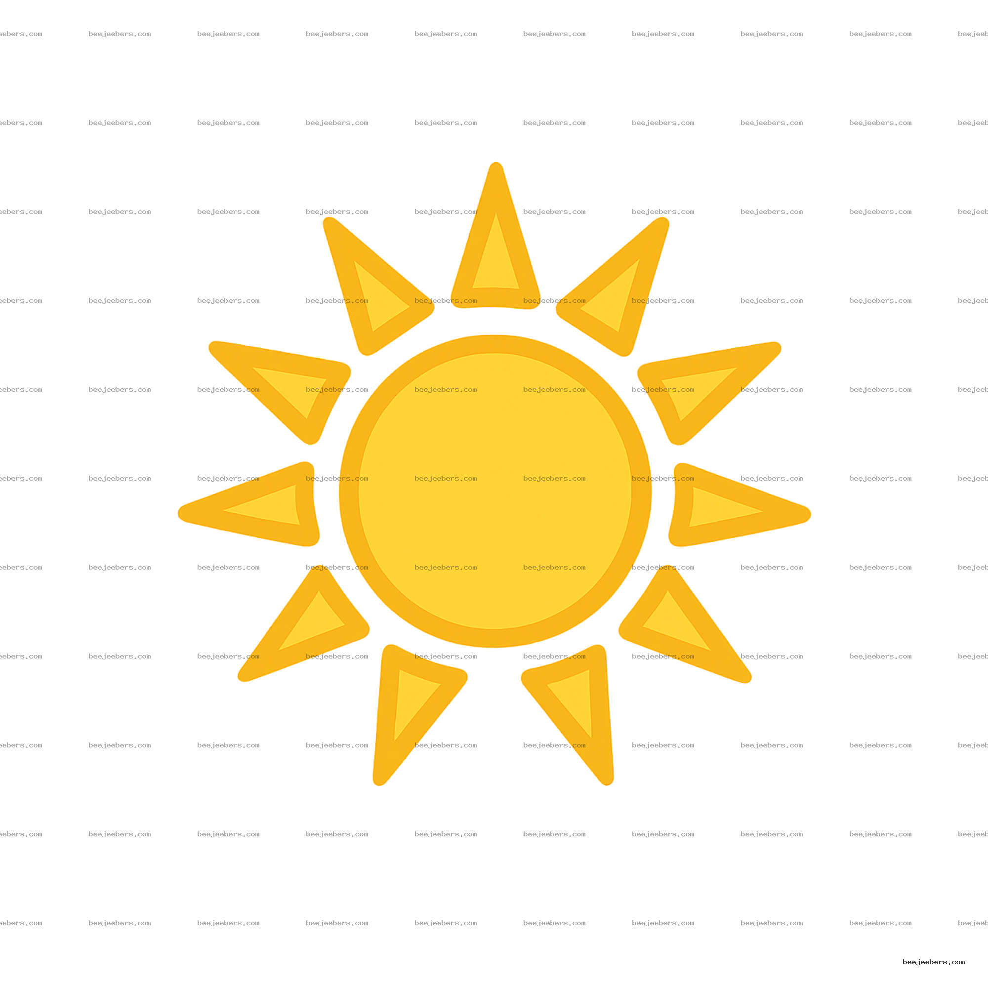 Bright yellow clean vector sun icon with triangular rays on transparent background