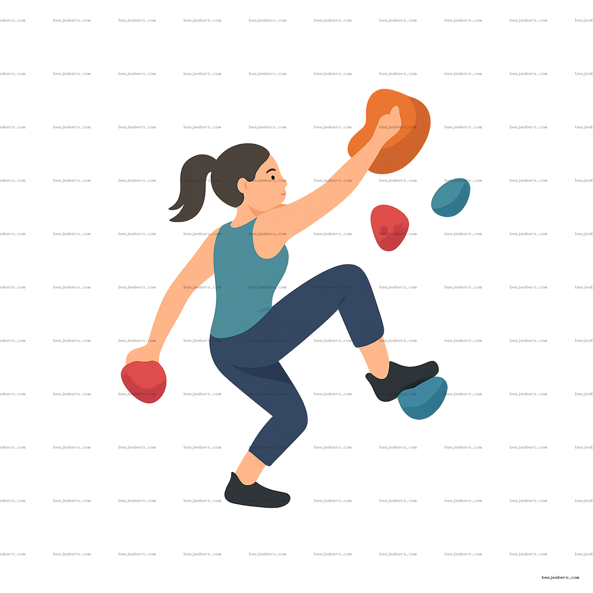 Clean vector of woman bouldering on colorful climbing holds with transparent background