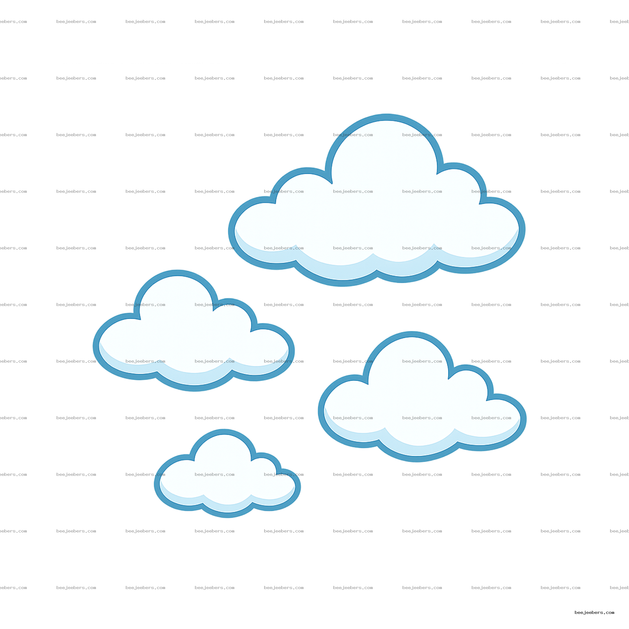 Clean vector cartoon style white clouds with blue outlines on transparent background