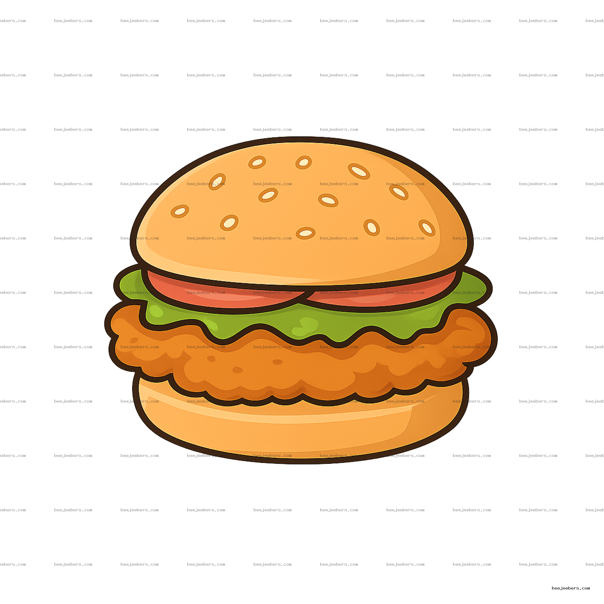 Clean vector chicken sandwich clipart with sesame bun, lettuce, tomato, and crispy fried chicken