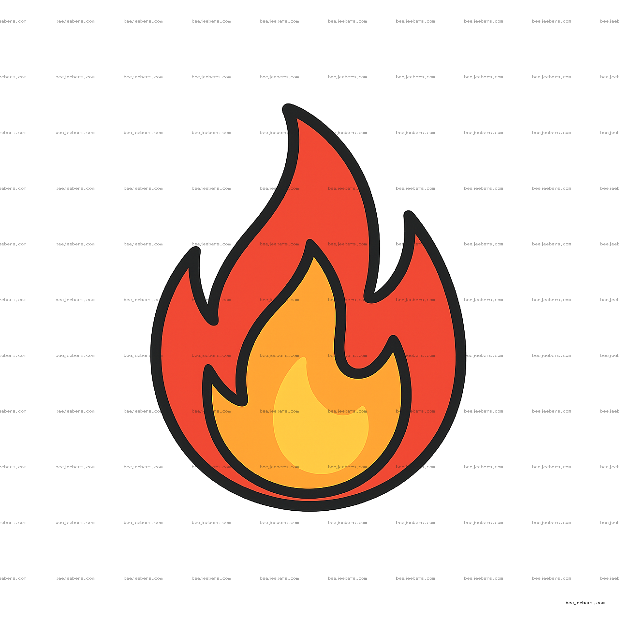 Clean cartoon style fire flame in yellow and red with black outline on transparent background