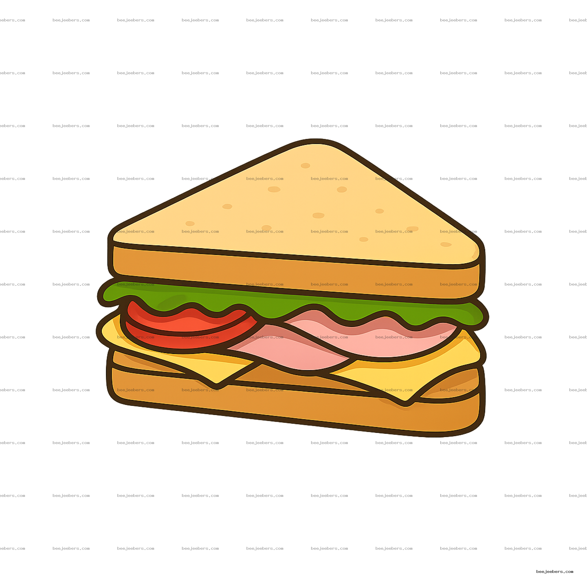 Clean vector illustration of a sandwich with lettuce, tomato, ham, cheese, and bread