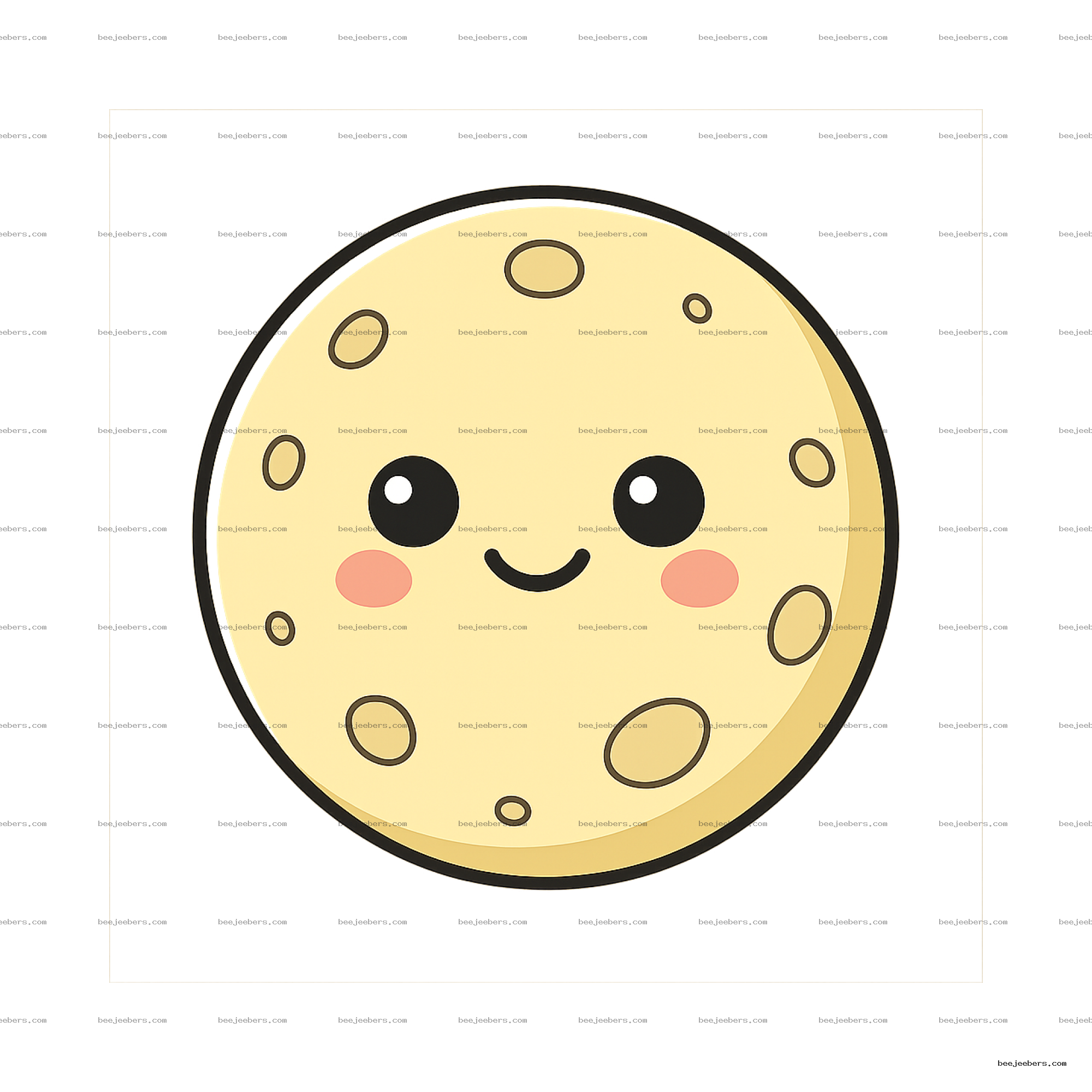 Smiling cartoon moon with big eyes pink cheeks and craters transparent PNG