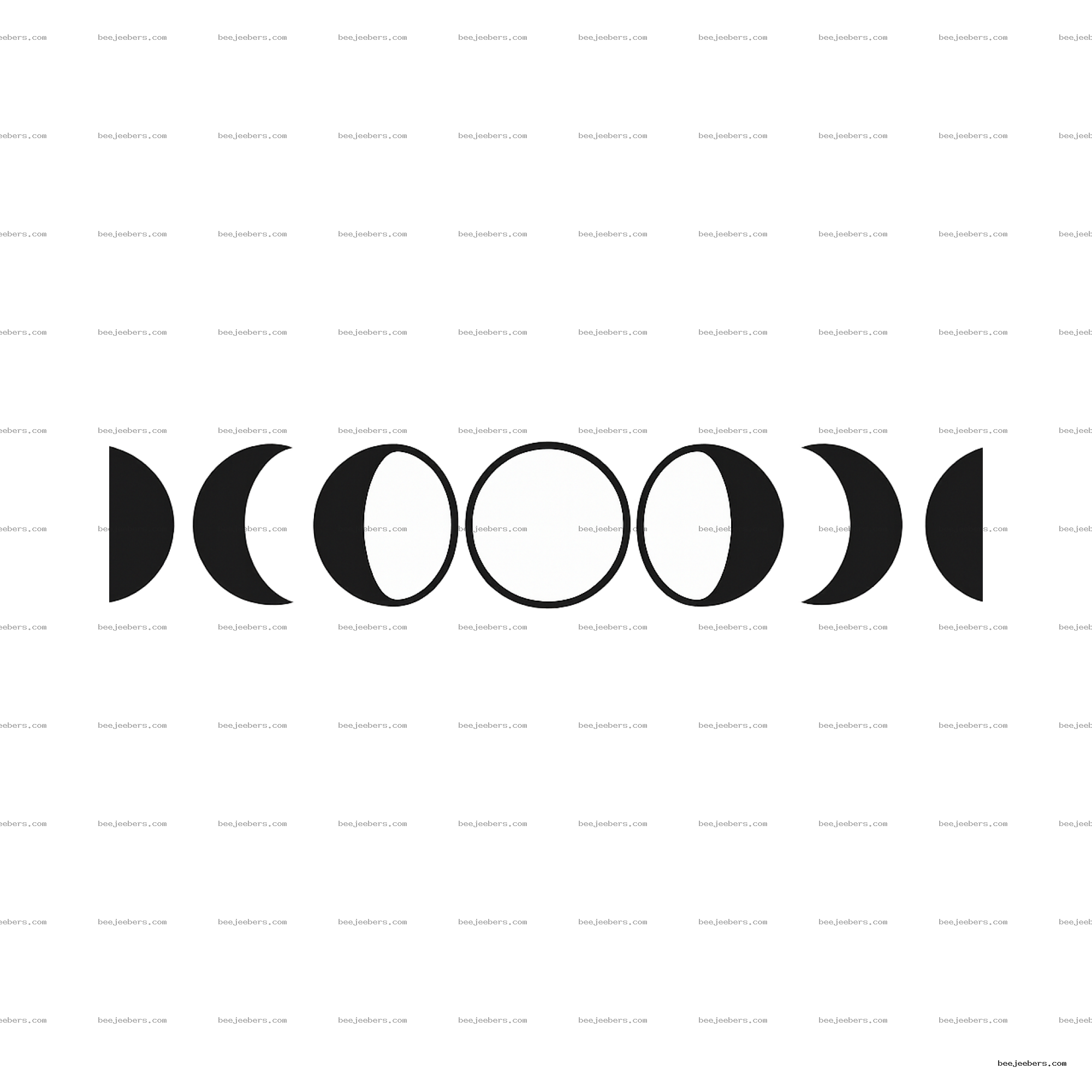 Clean vector moon phases clipart showing seven lunar phases in black and white on transparent background