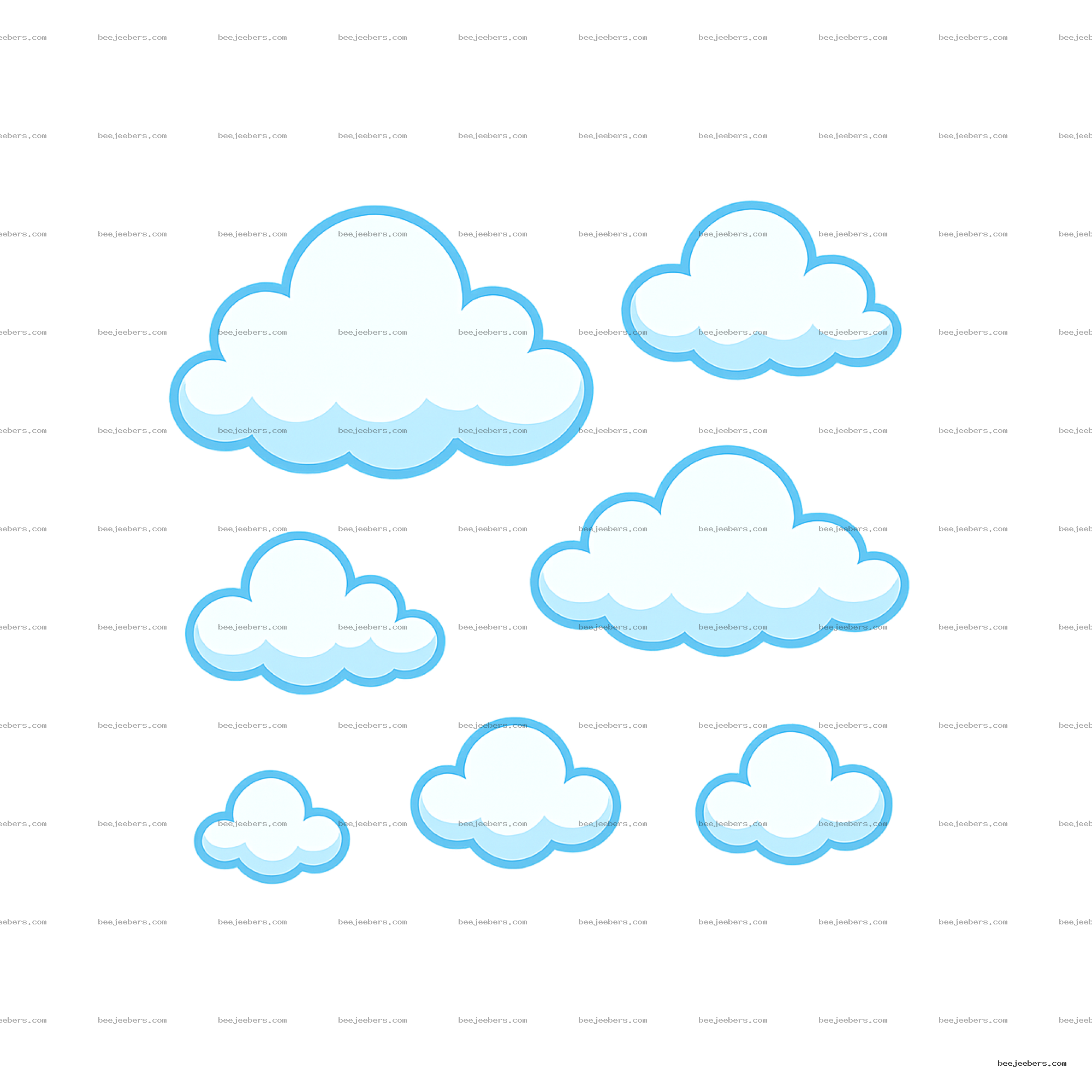Cartoon style clean vector clouds with blue outlines on transparent background