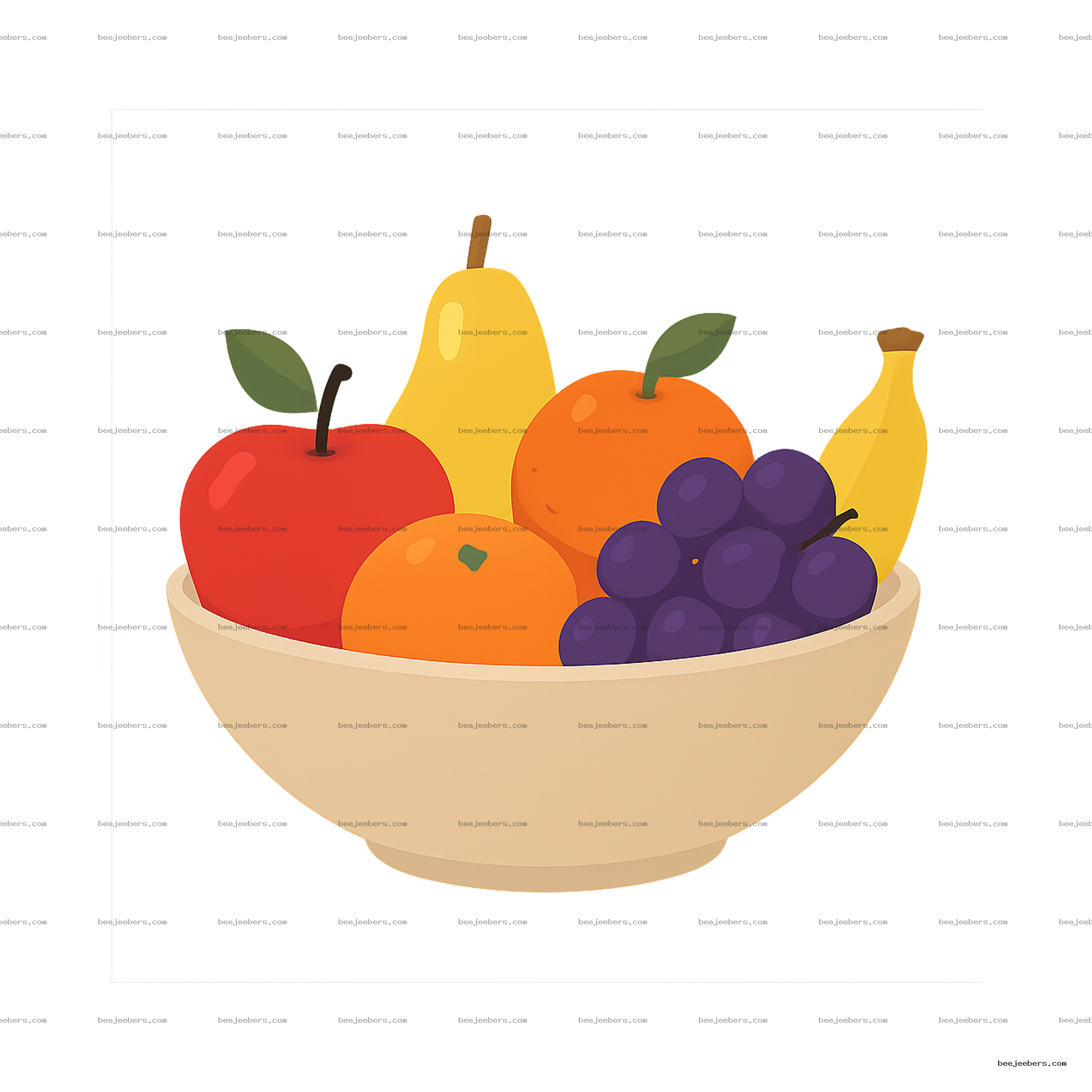 Vector PNG of a bowl filled with apple, pear, orange, banana, and purple grapes with leaves