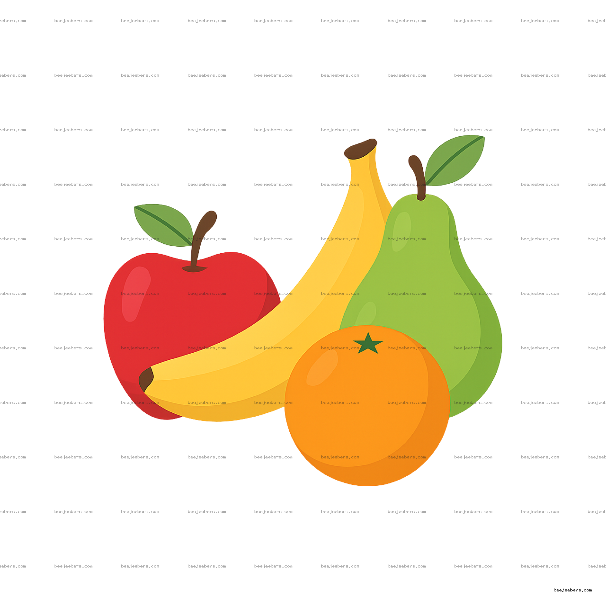 Vector illustration of red apple, yellow banana, green pear, and orange with leaves on transparent background