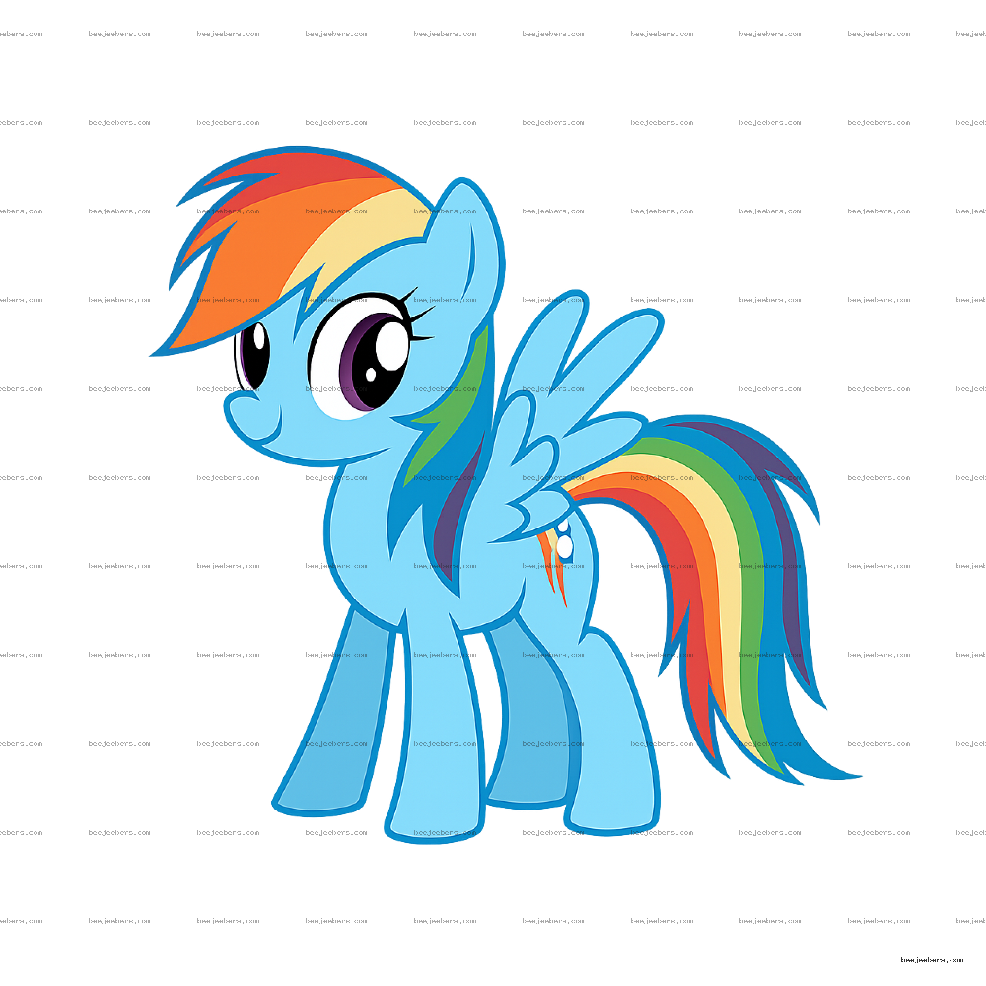 Bright blue cartoon pony with large eyes and rainbow-colored mane and tail in vector format with transparent background