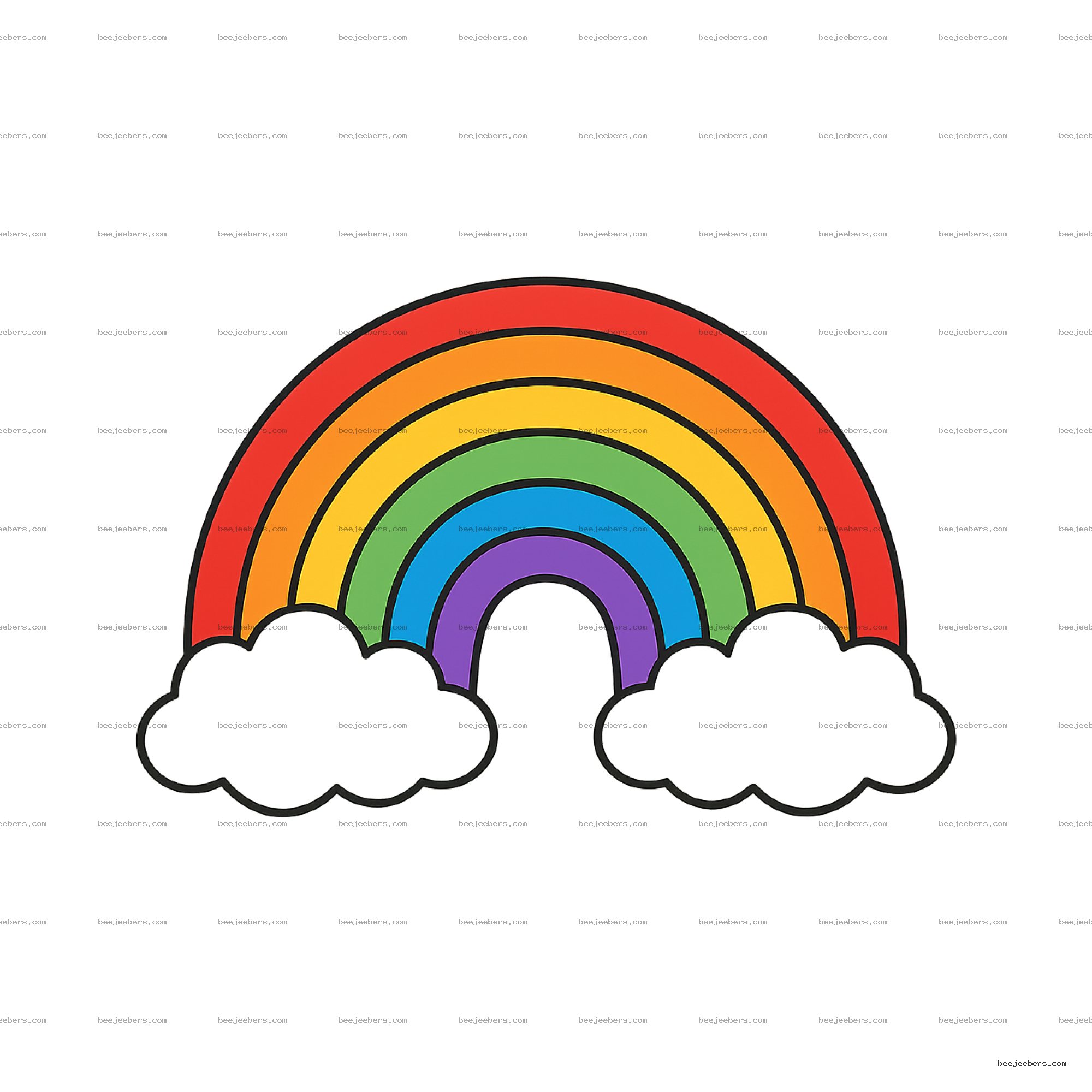Colorful clean vector rainbow with seven arches and black clouds on transparent background