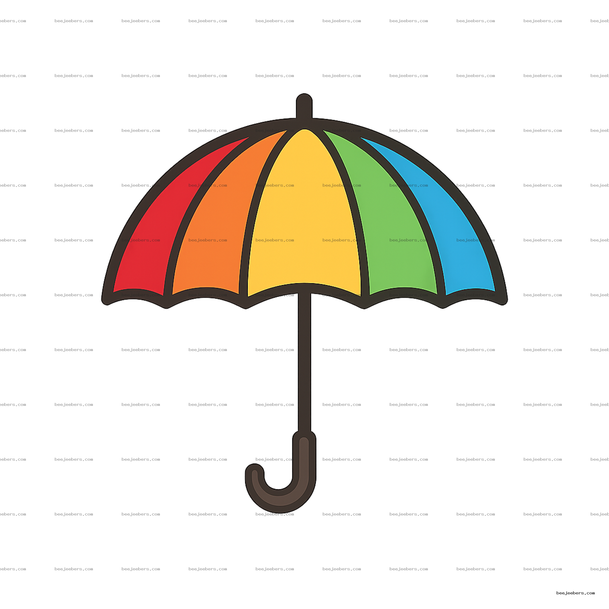 Clean vector clipart of rainbow umbrella top half with red to blue panels and brown handle on transparent background