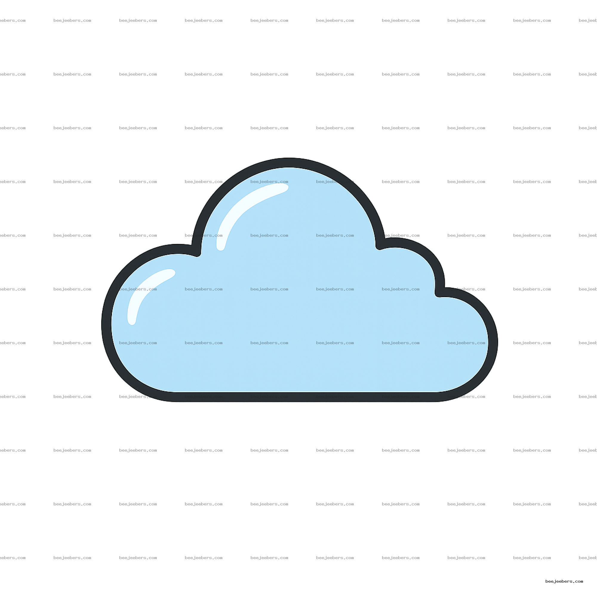 Light blue shiny cloud cartoon with black outline on transparent background