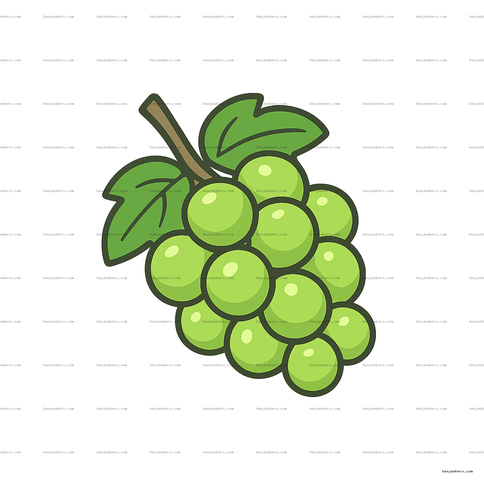 Clean vector illustration of green grapes cluster with leaves on transparent background