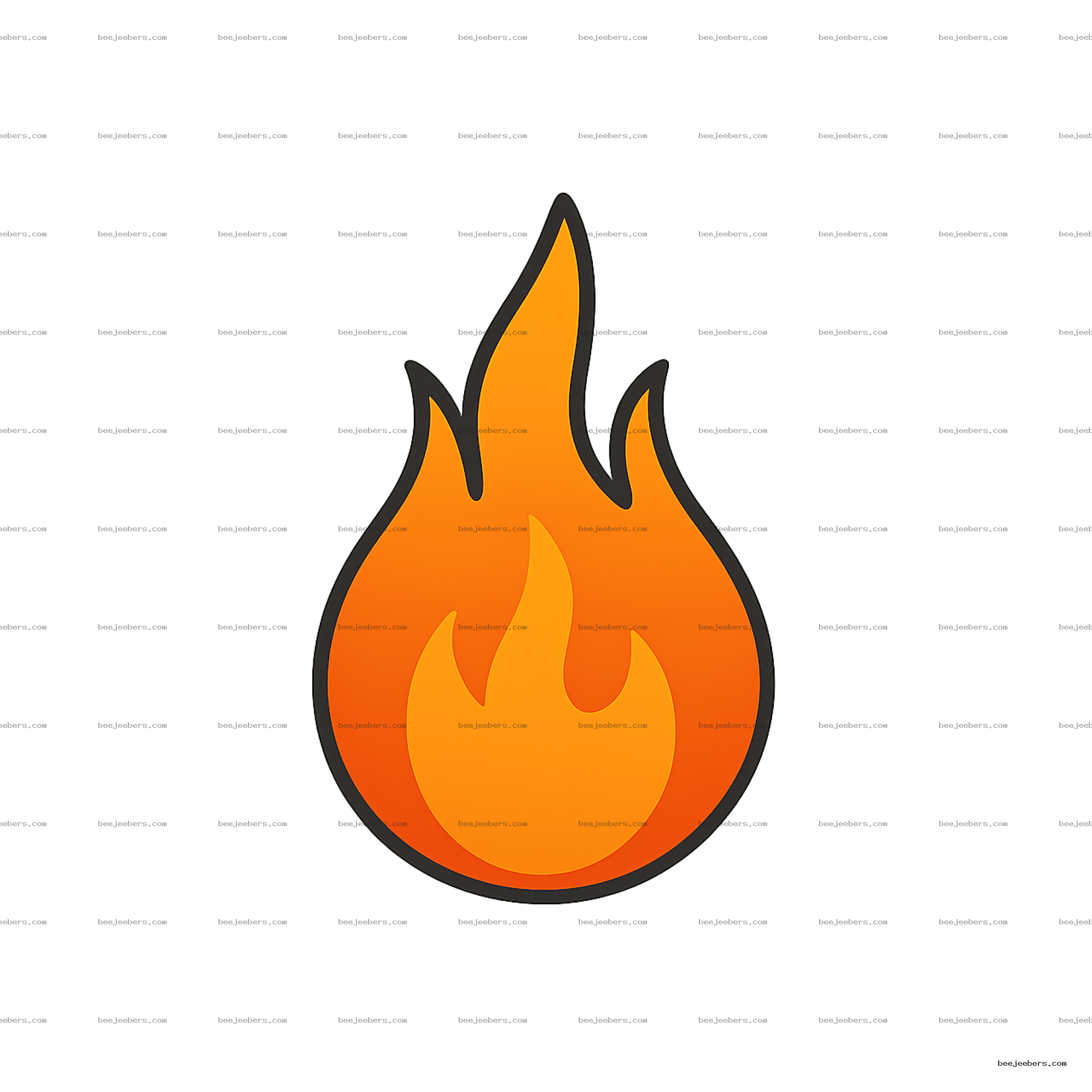 Clean vector illustration of a bright orange and yellow fire flame with black outline on transparent background