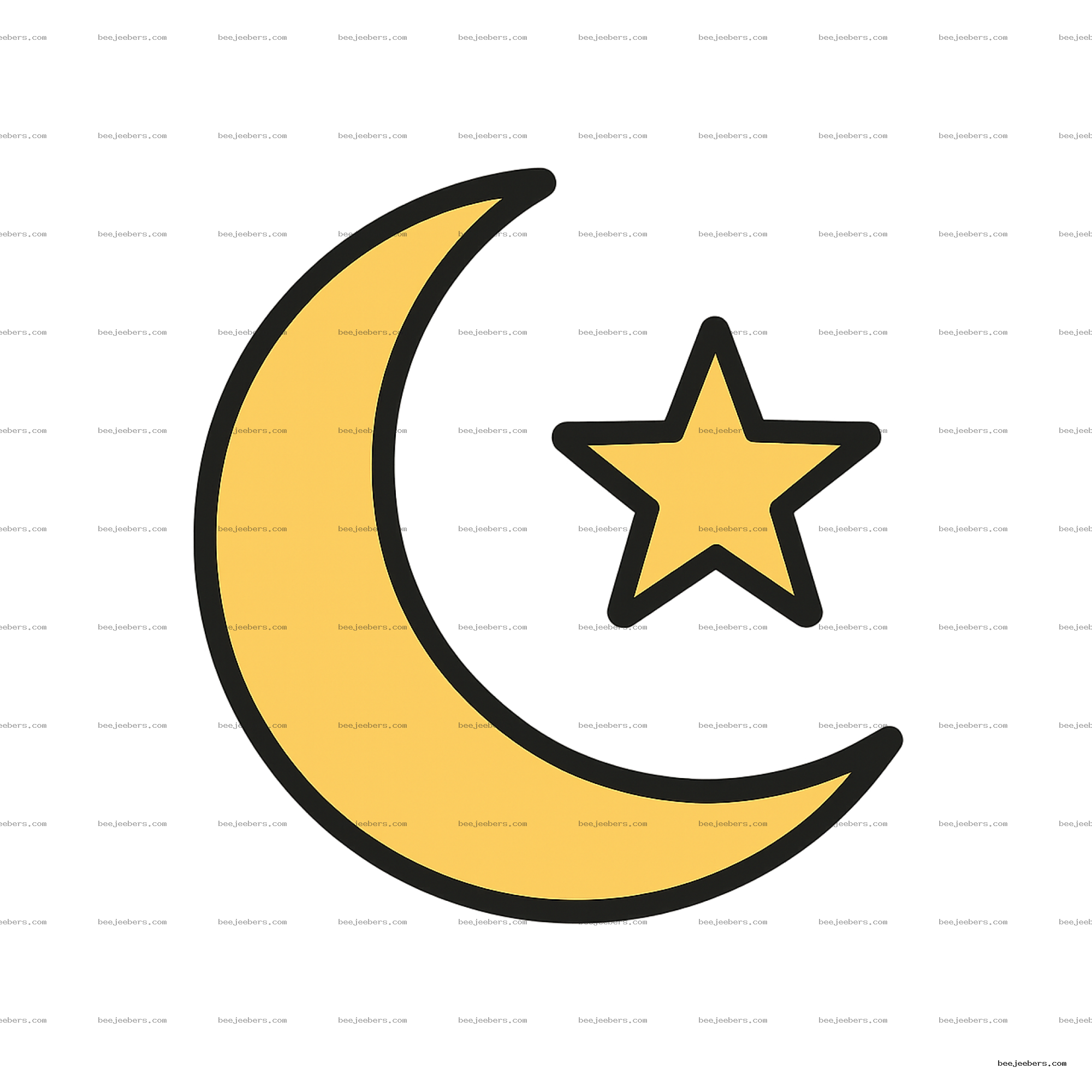 Yellow crescent moon and five-point star with black outlines on transparent background vector PNG
