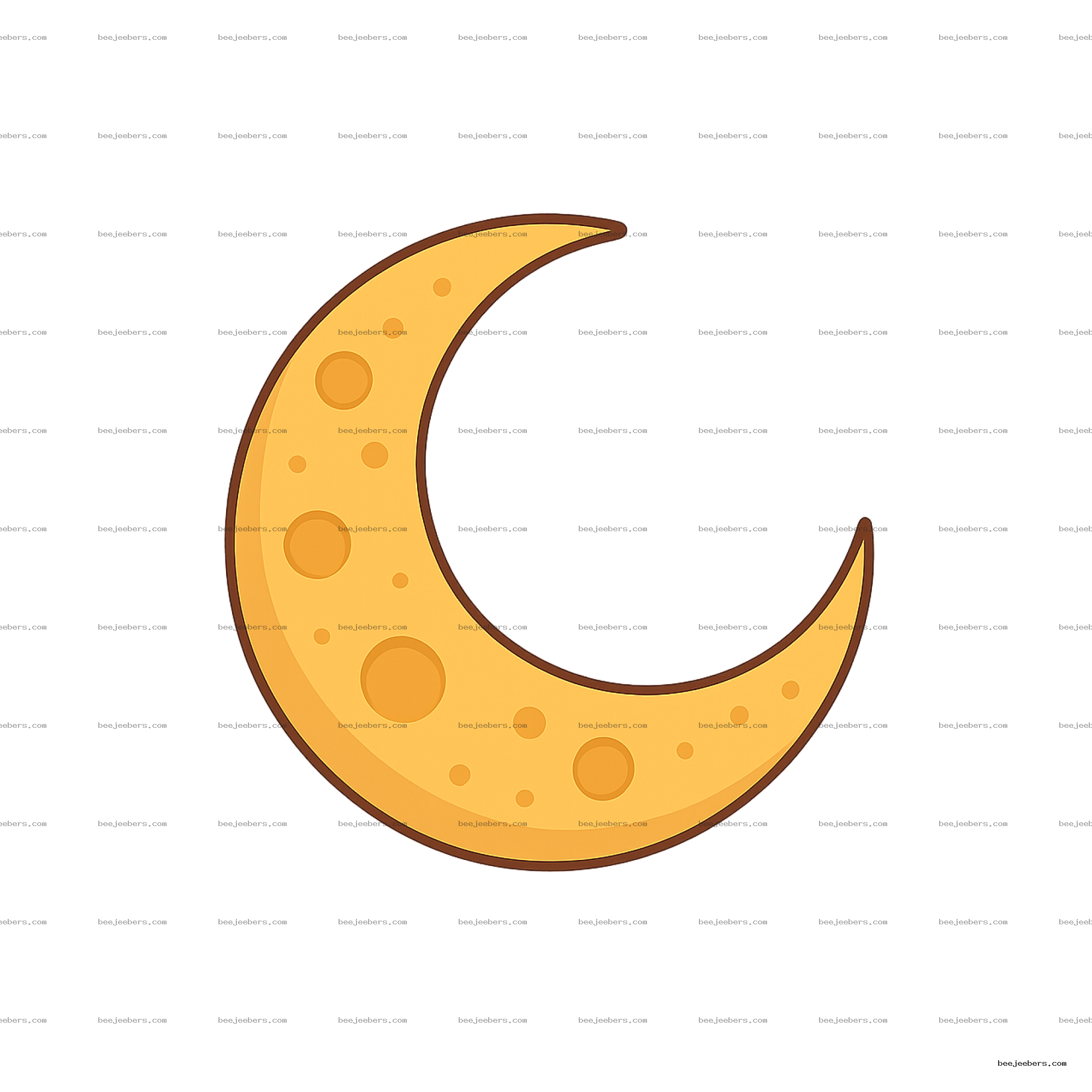 Yellow crescent moon clipart with circular craters and brown outline on transparent background