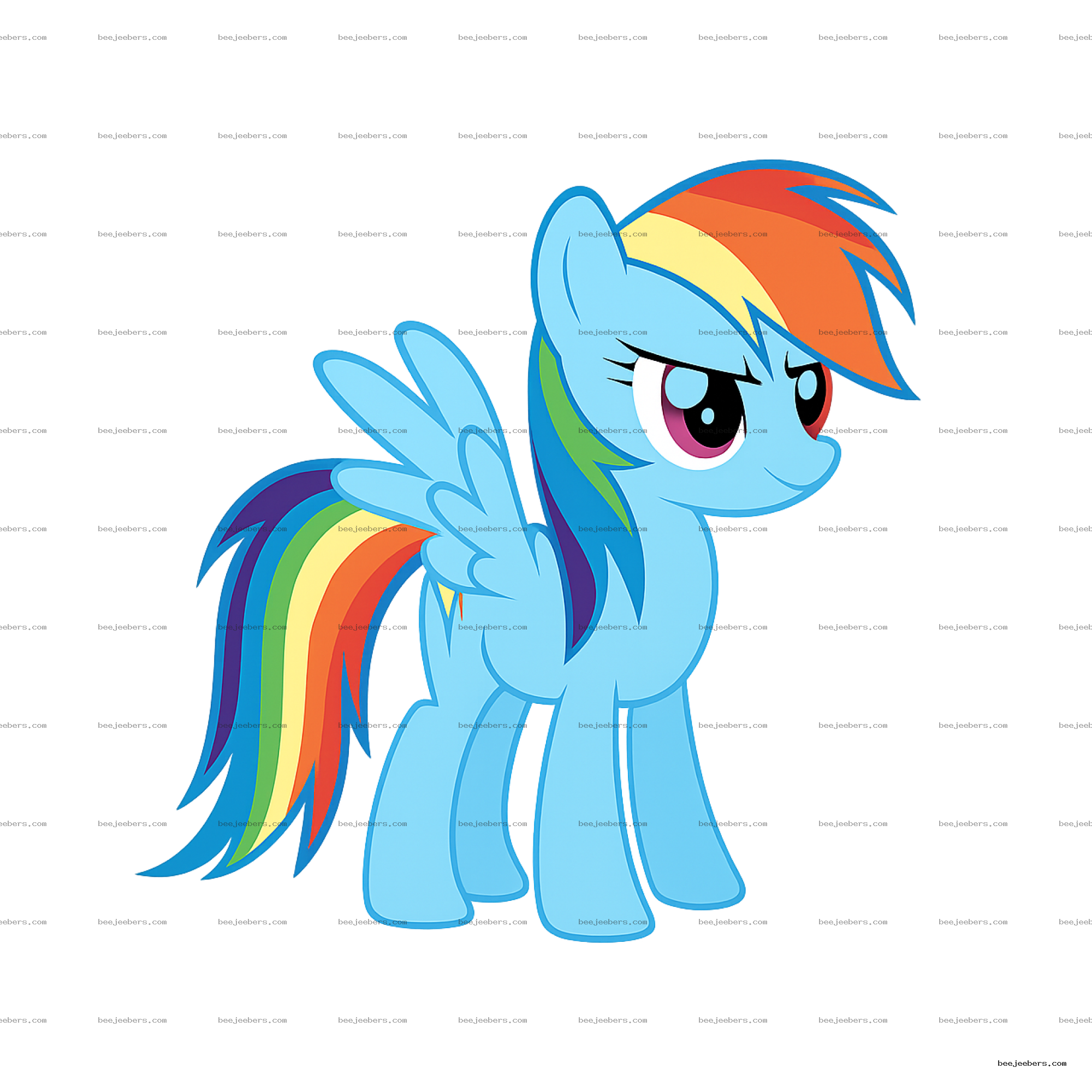 Clean vector transparent PNG of a bright blue winged pony with rainbow mane and tail
