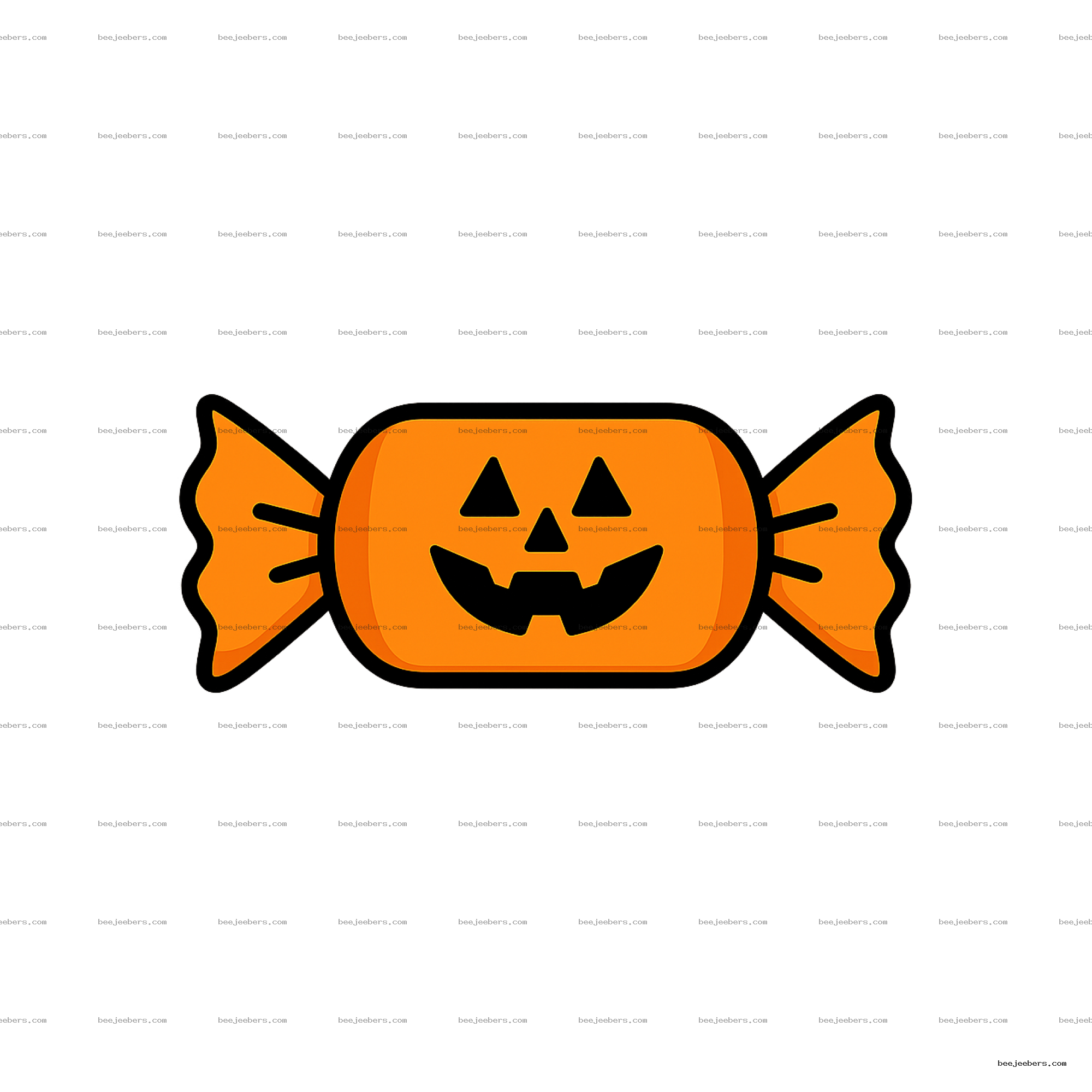 Orange Halloween candy PNG with carved jack-o'-lantern face and wrapped ends on transparent background