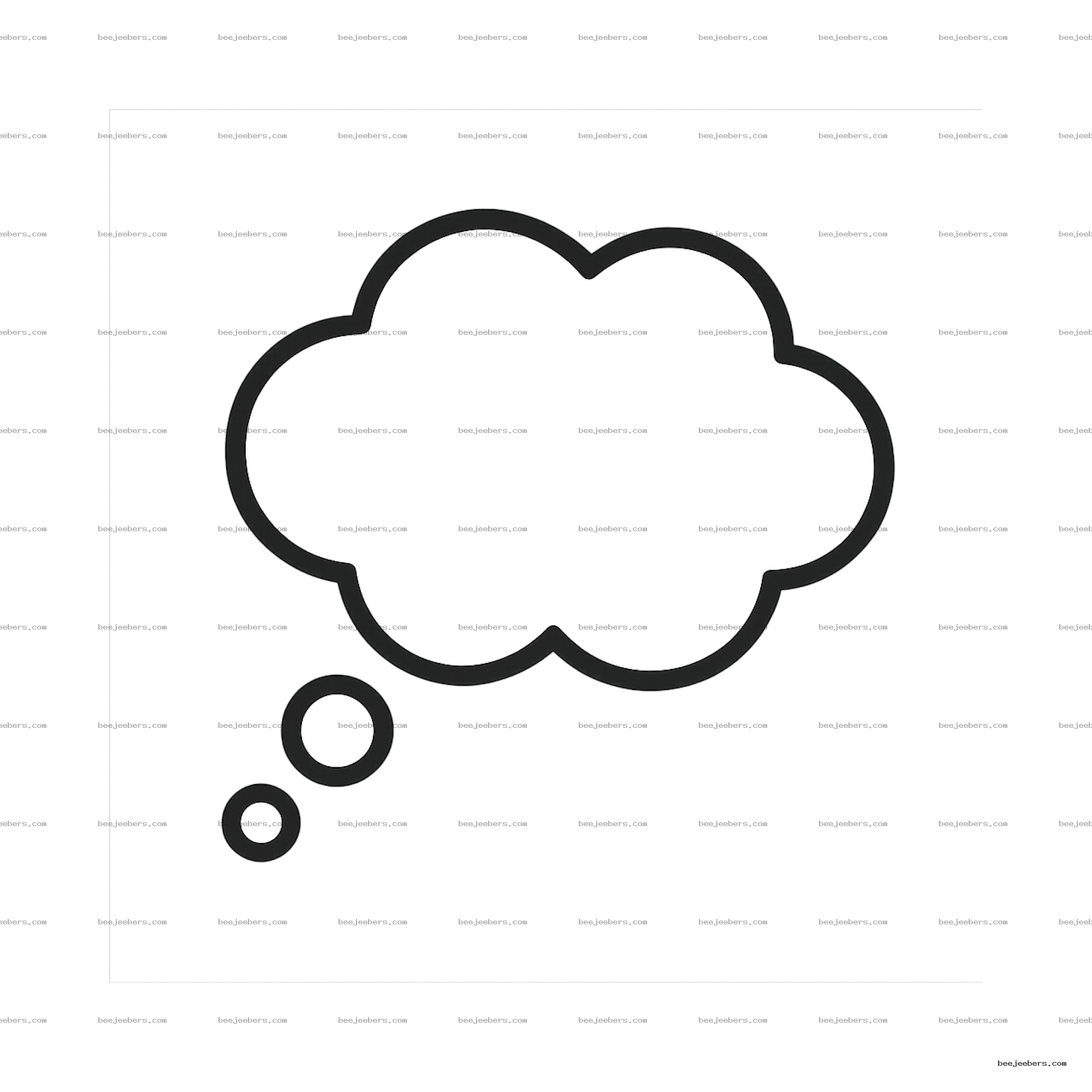 Black outline of a thought cloud with three small circles on transparent background