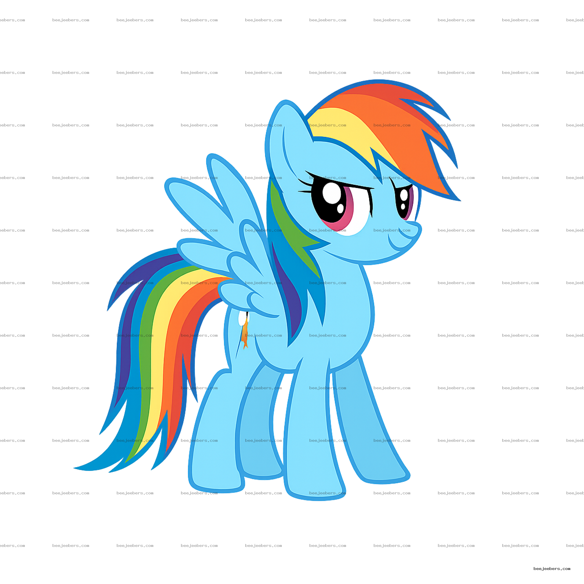 Clean vector PNG of a light blue winged horse with rainbow mane and tail on transparent background