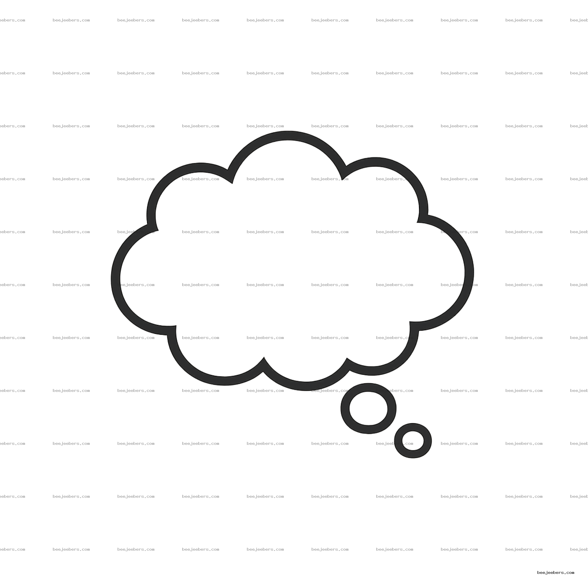 Black outlined comic thought cloud with three small bubbles on transparent background