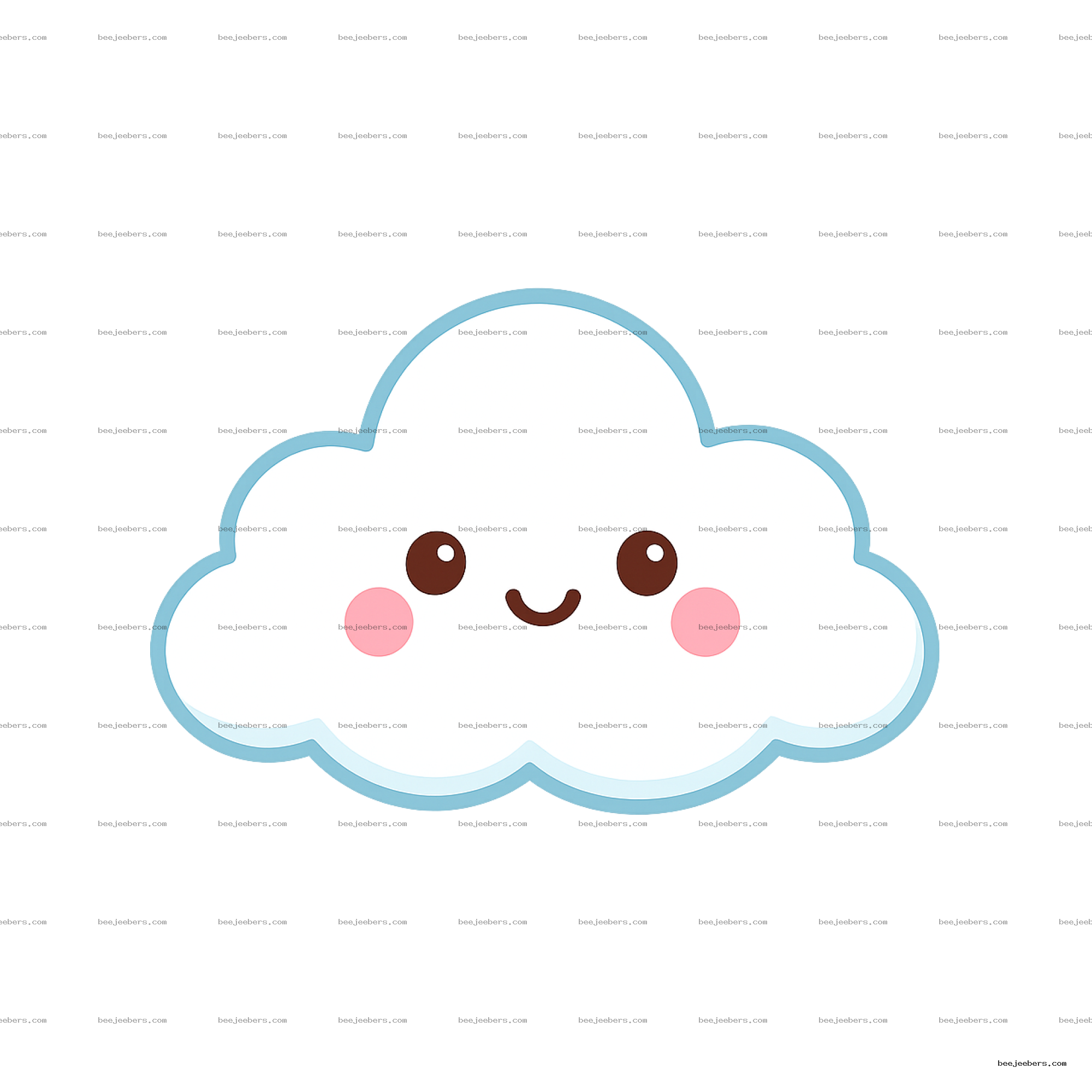Cute smiling white cloud with blue outline and rosy cheeks in PNG format