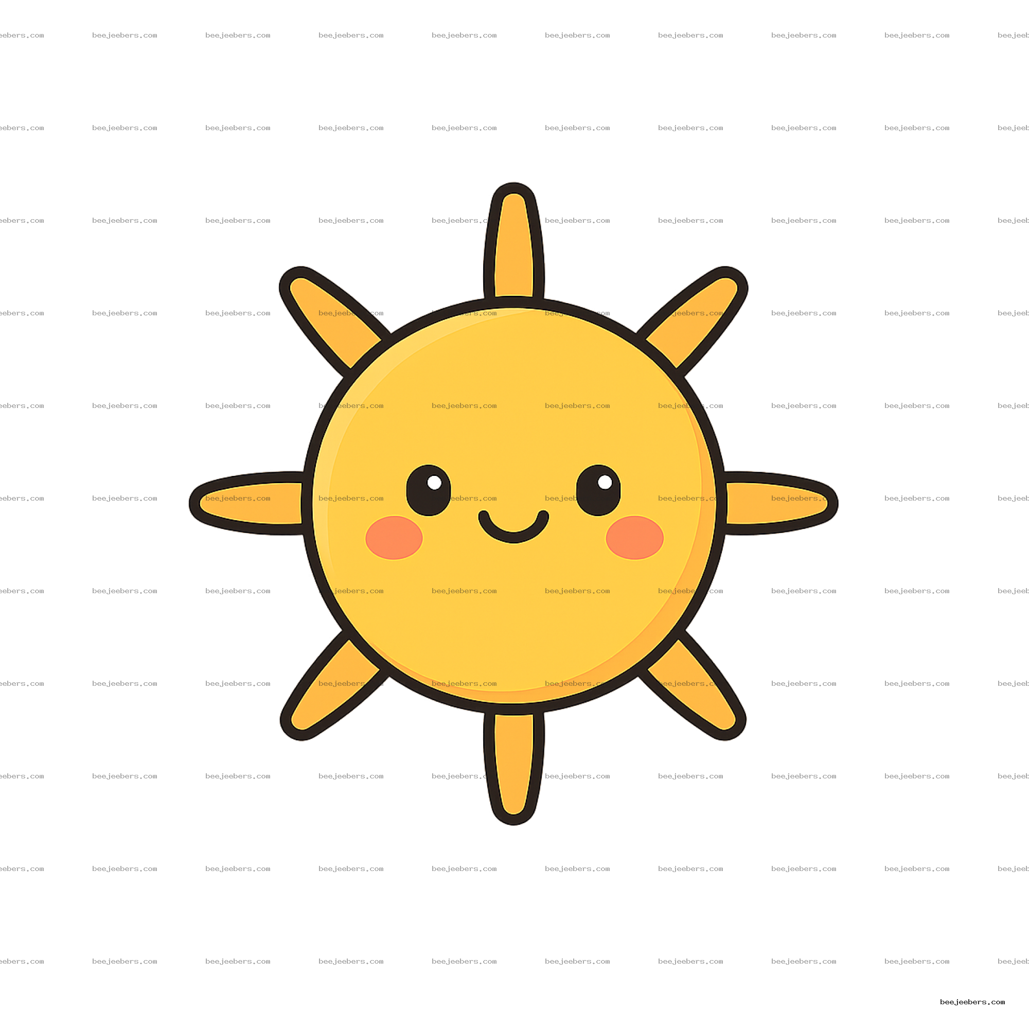 Cute smiling yellow sun with rosy cheeks and sun rays in a clean vector style on transparent background