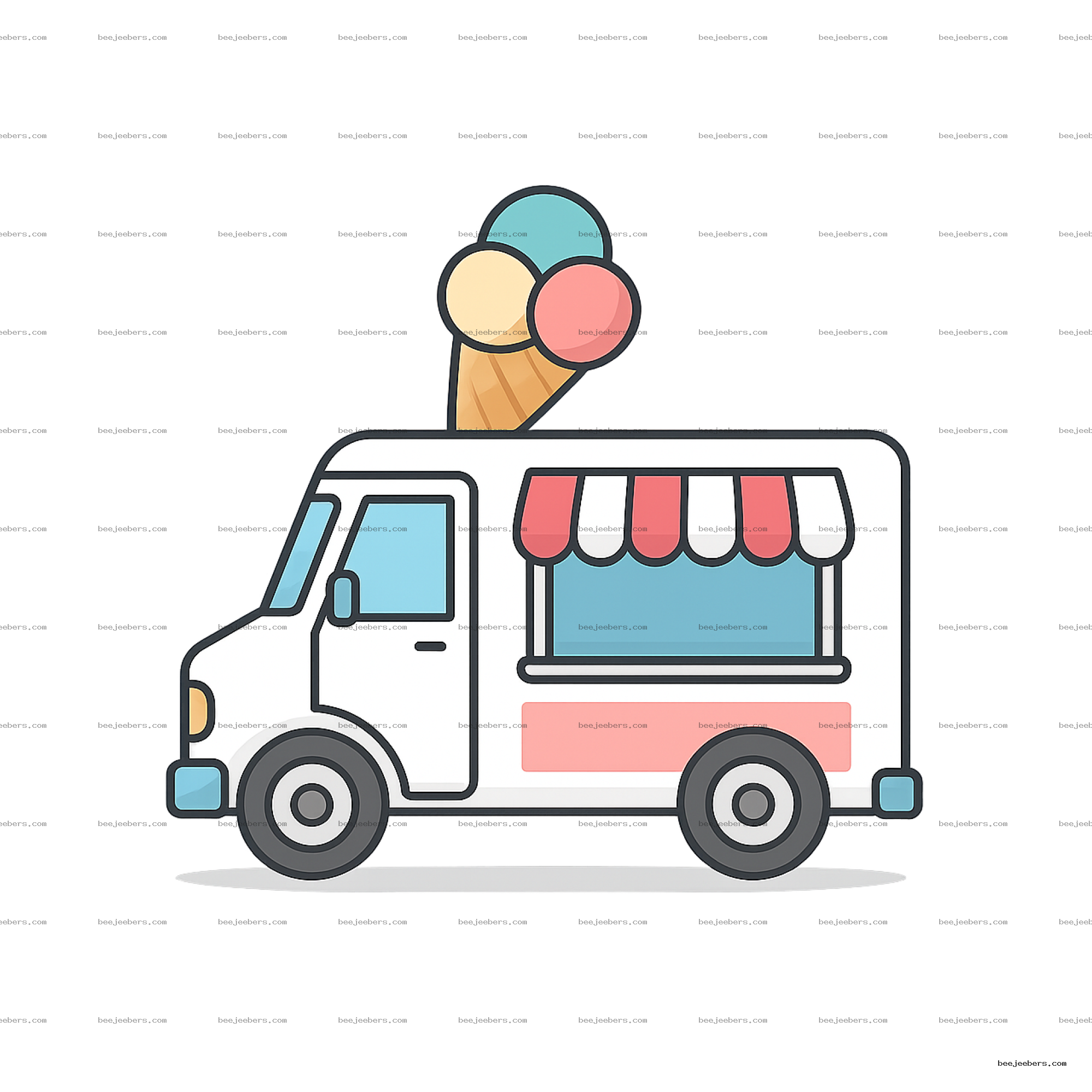 Vector illustration of a clean white ice cream truck with a pink striped awning and three scoops of ice cream on top