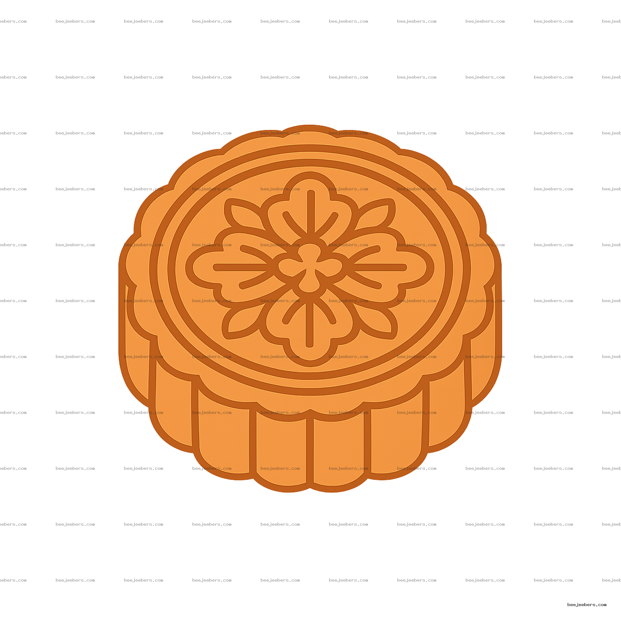 Clean vector clipart of a round mooncake with floral design and scalloped edges on transparent background