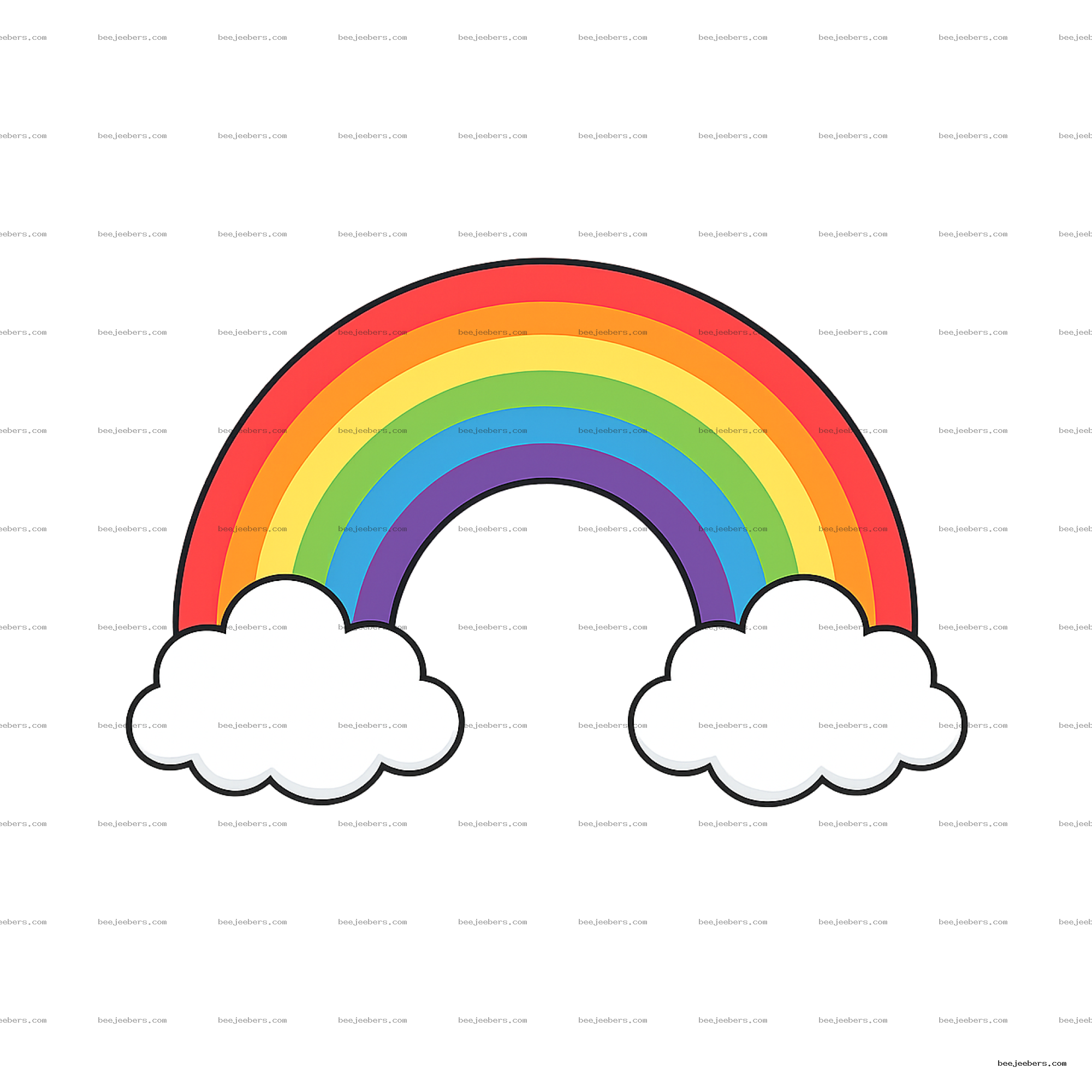 Vector rainbow with red, orange, yellow, green, blue, purple arcs and white clouds on transparent background