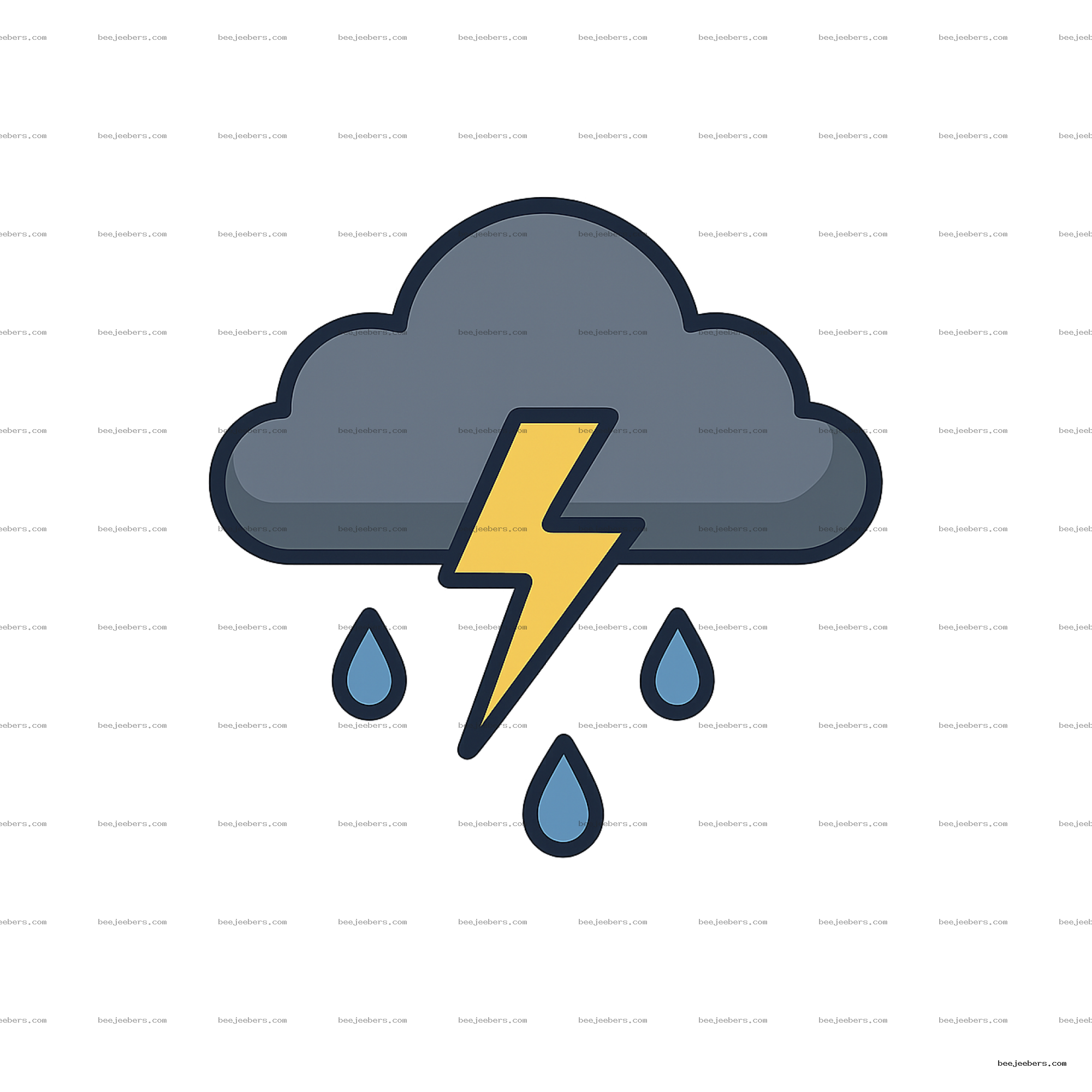 Clean vector storm cloud with yellow lightning bolt and raindrops transparent PNG