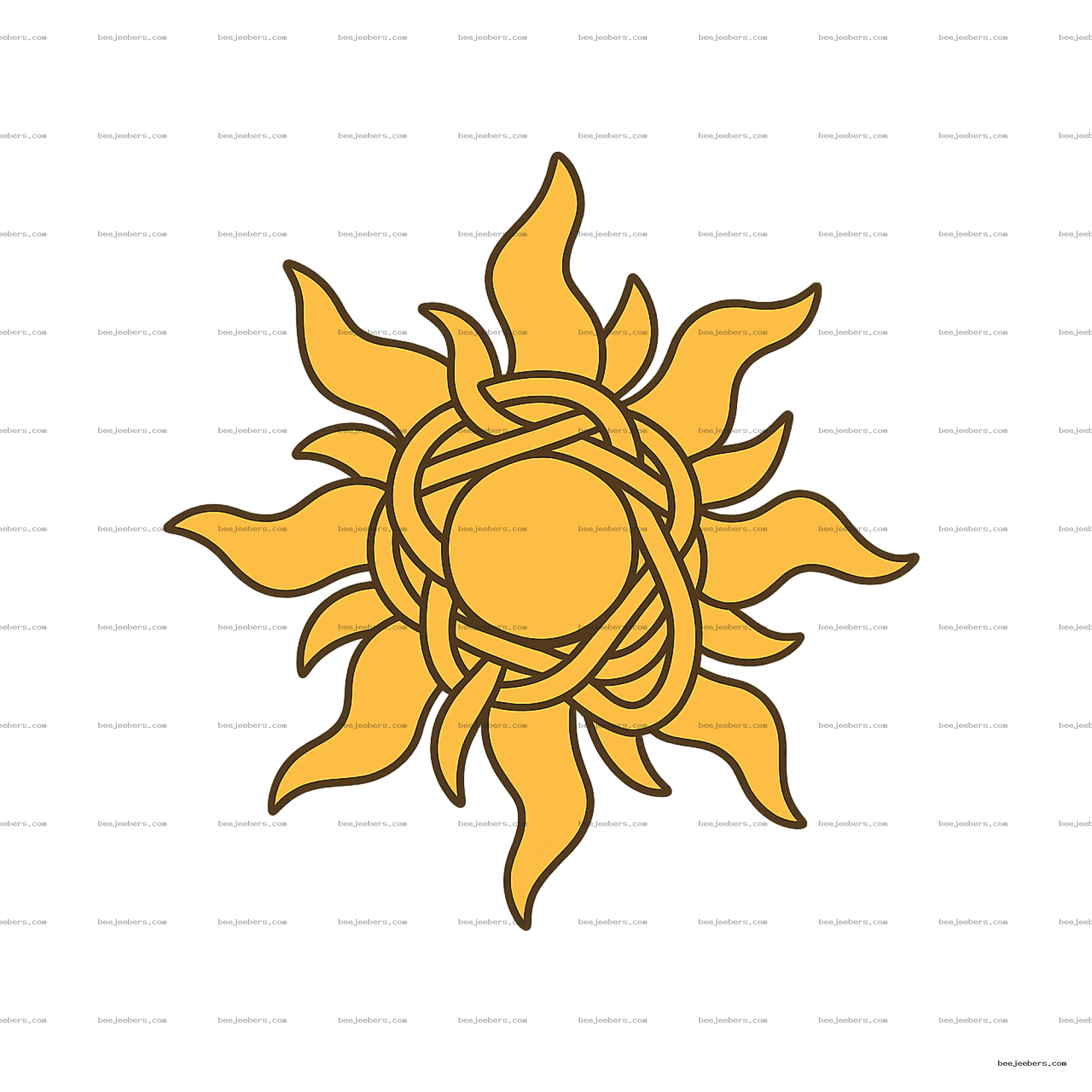 Bright yellow tangled sun with wavy interwoven rays on transparent background digital clipart