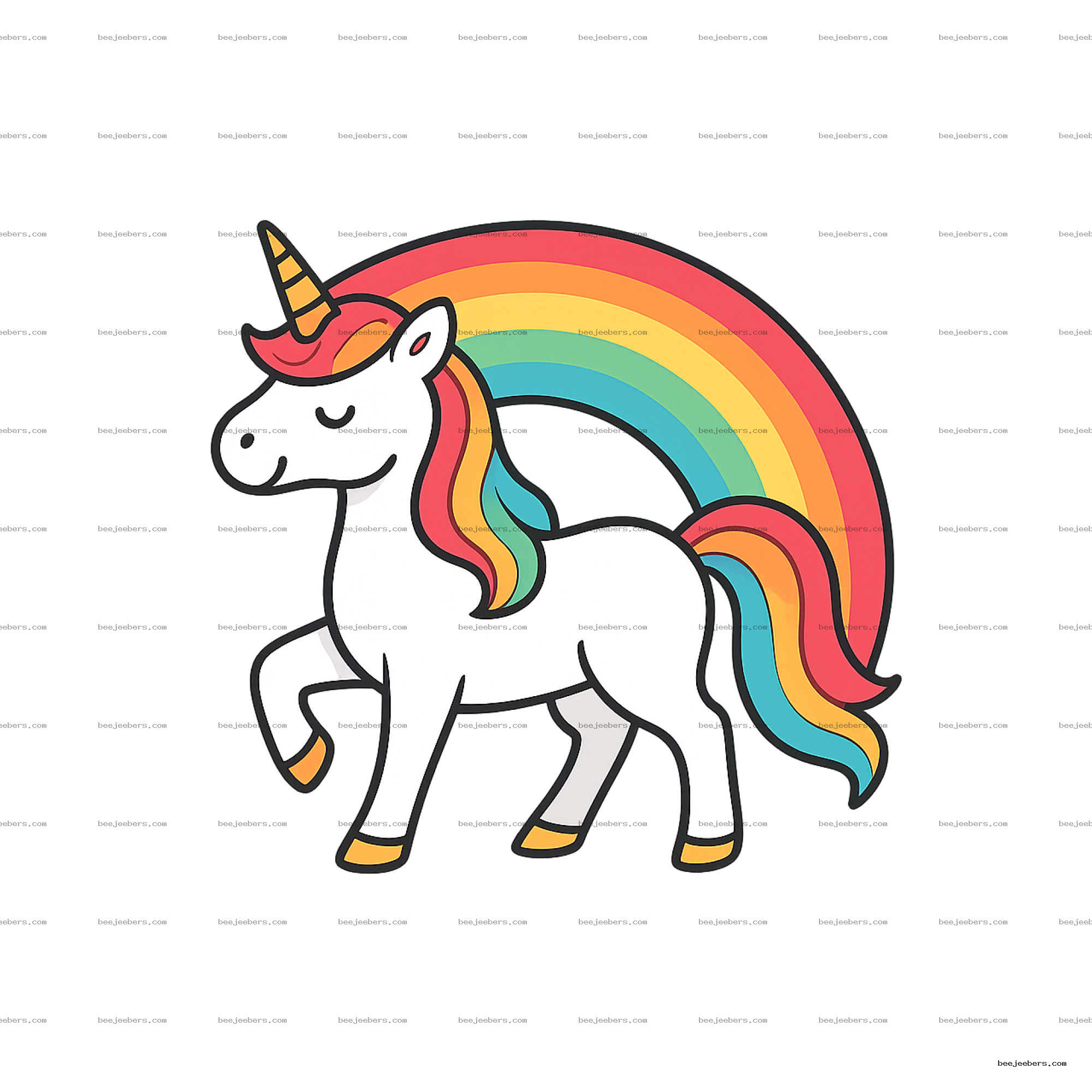 Vector PNG of a white unicorn with a rainbow-colored mane and tail, golden horn, and closed eyes
