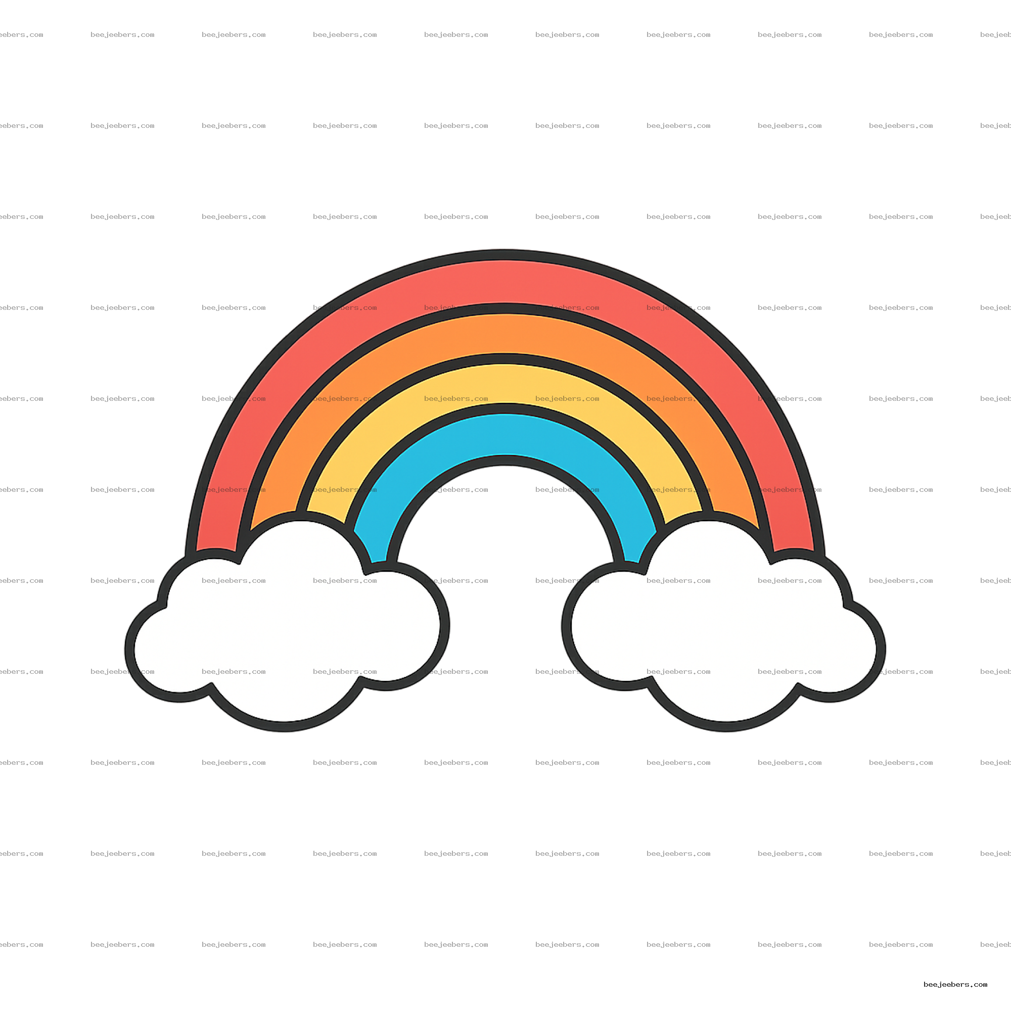 Colorful cartoon rainbow with red, orange, yellow, blue arches and white clouds in a clean vector style