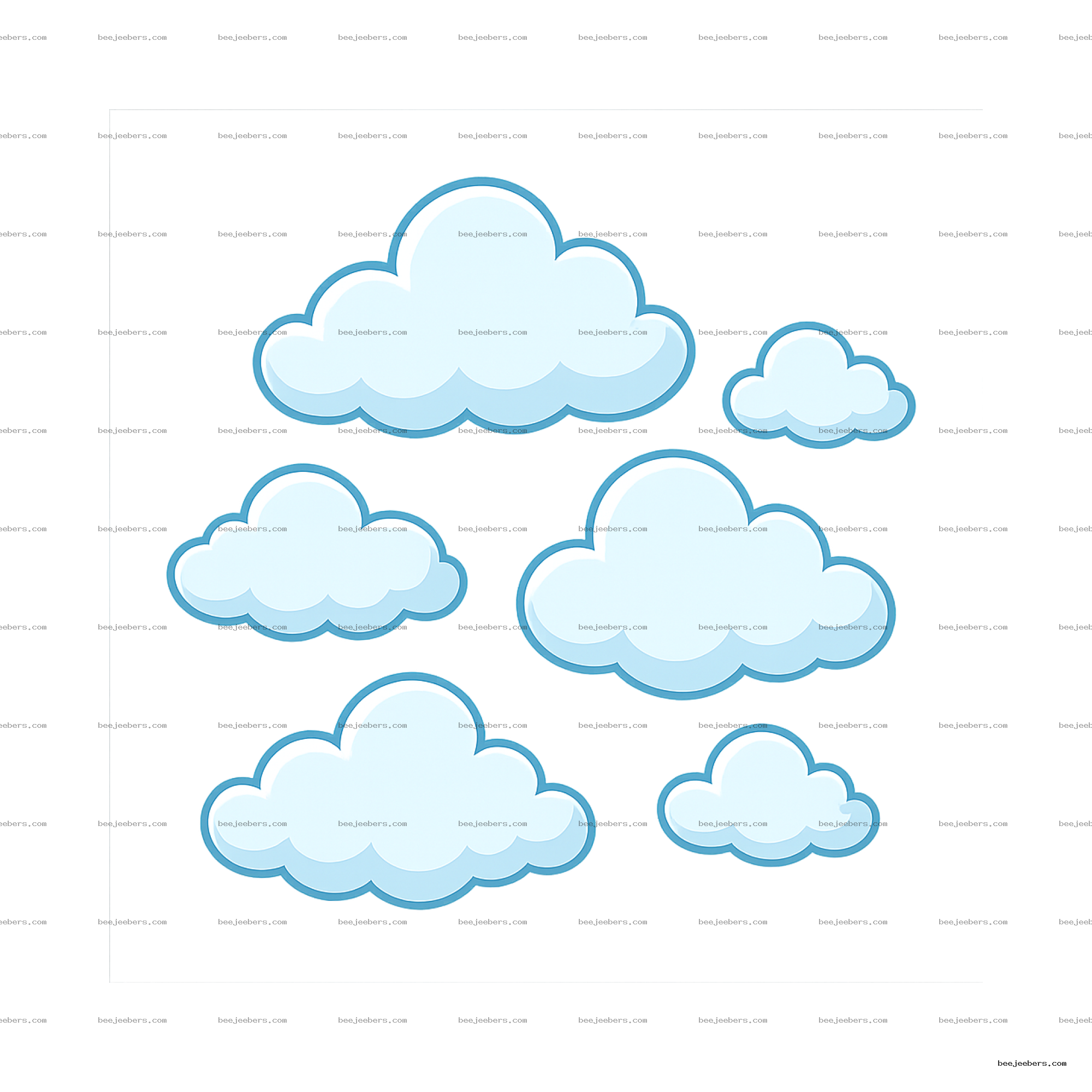 Set of cute light blue cartoon clouds with transparent background in vector style