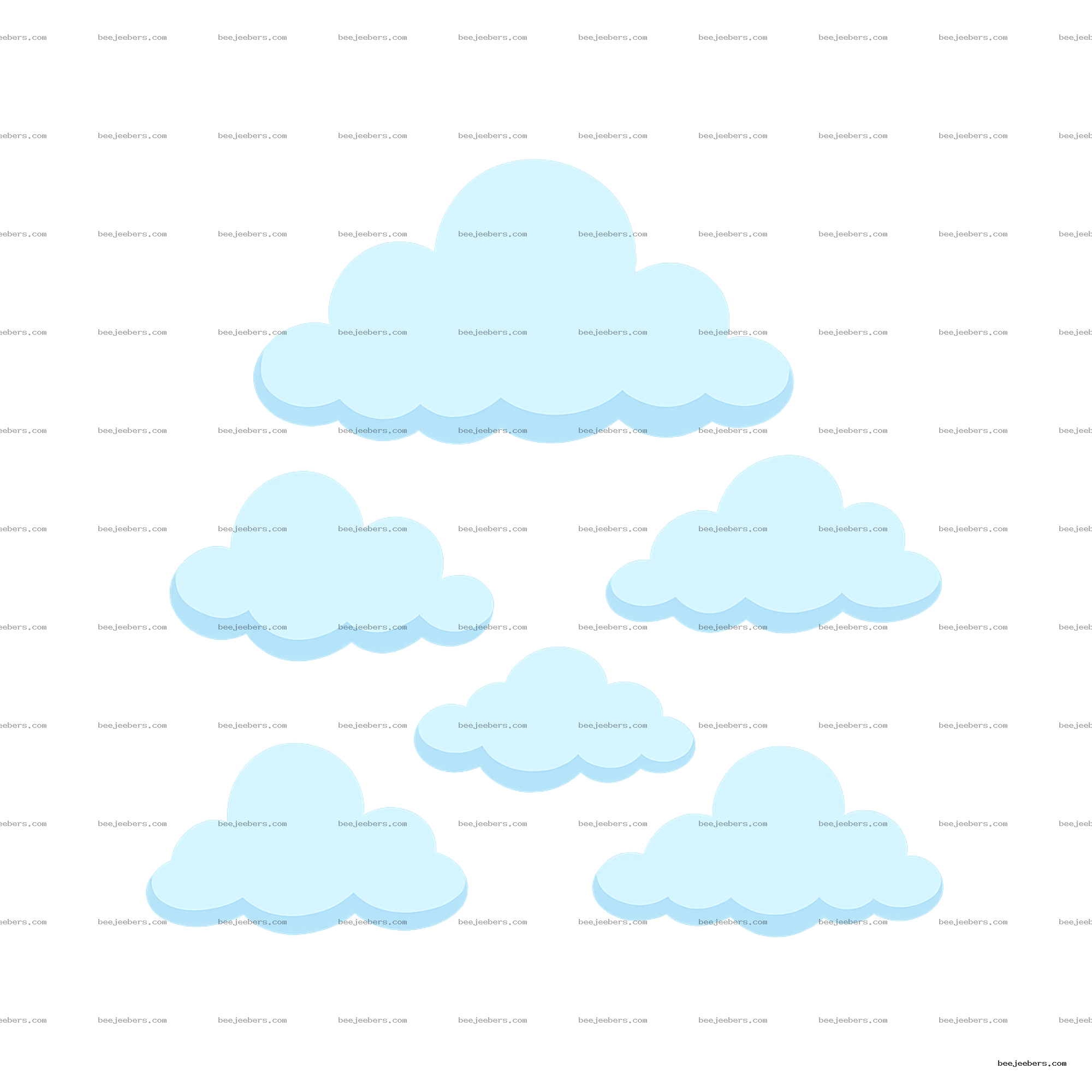 Set of light blue cartoon-style cloud shapes with soft shadows on a transparent background