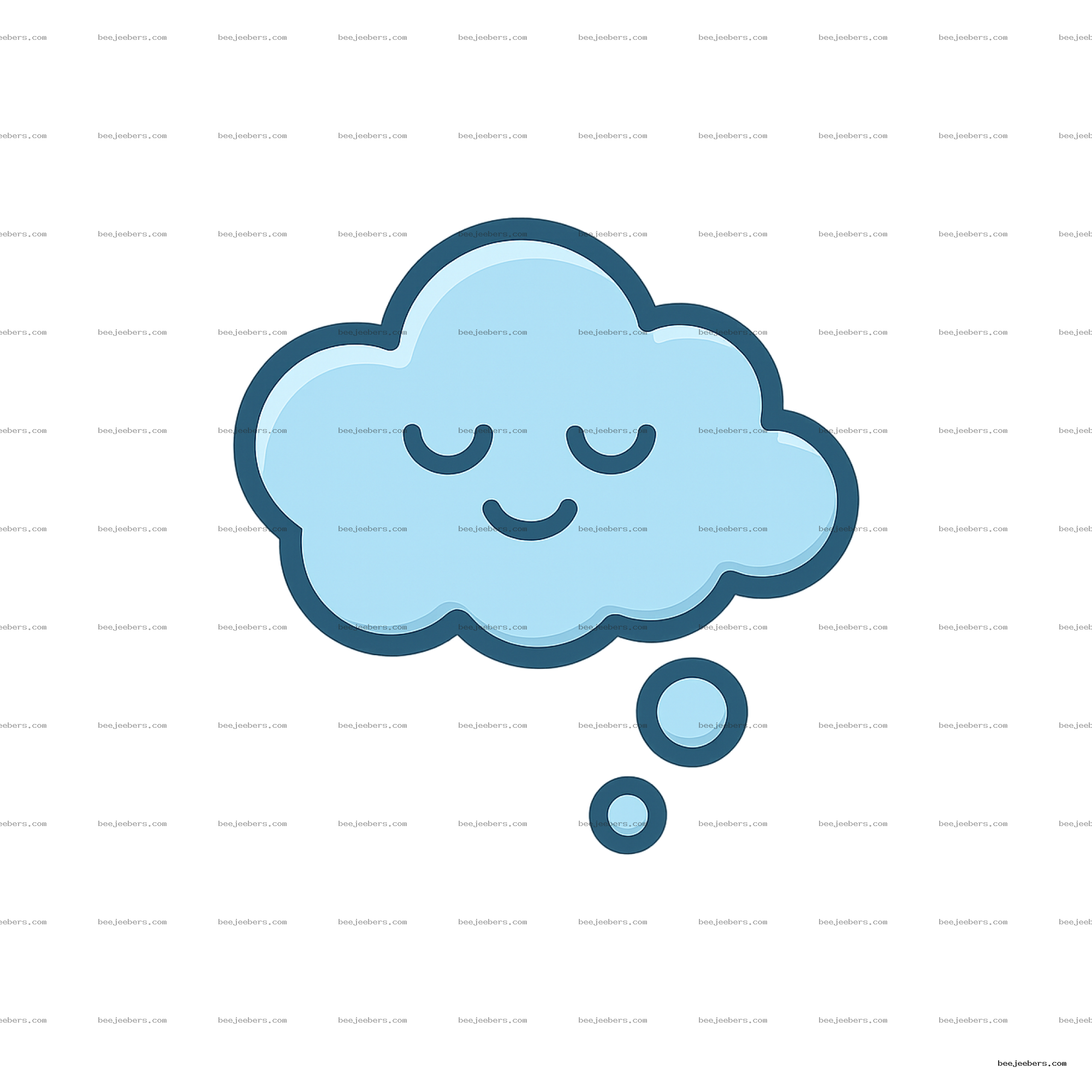 Vector illustration of a light blue sleeping cloud with closed eyes and thought bubbles on transparent background