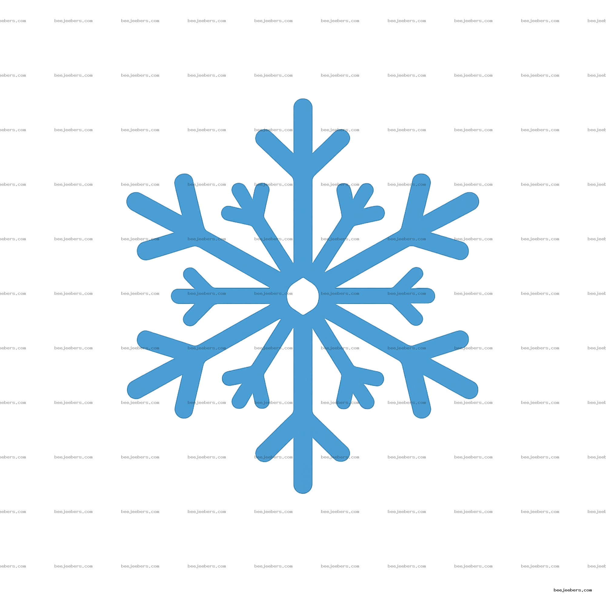 Blue simple snowflake with symmetrical branches on transparent background