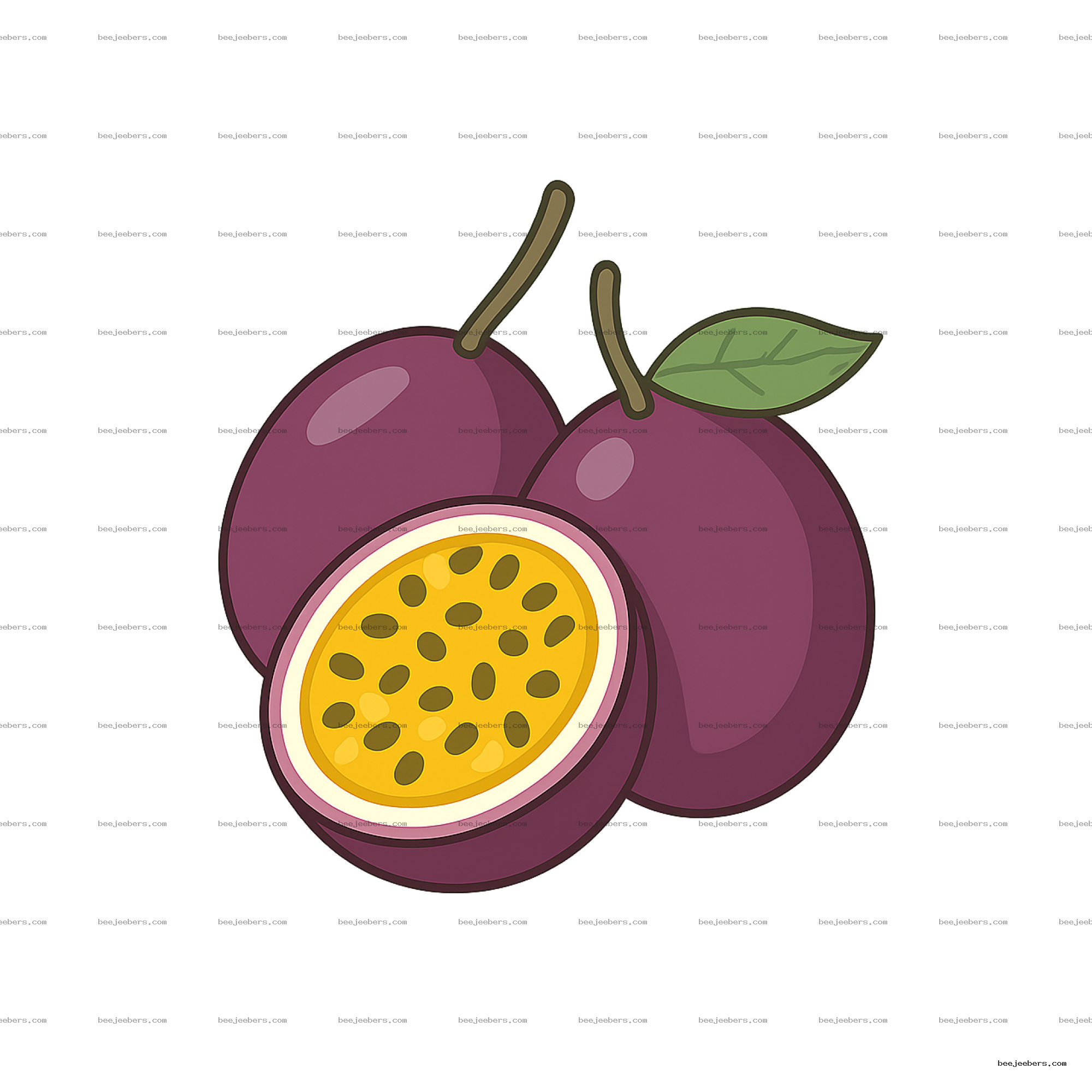 Vector clipart of whole and sliced passion fruits with green leaf on transparent background
