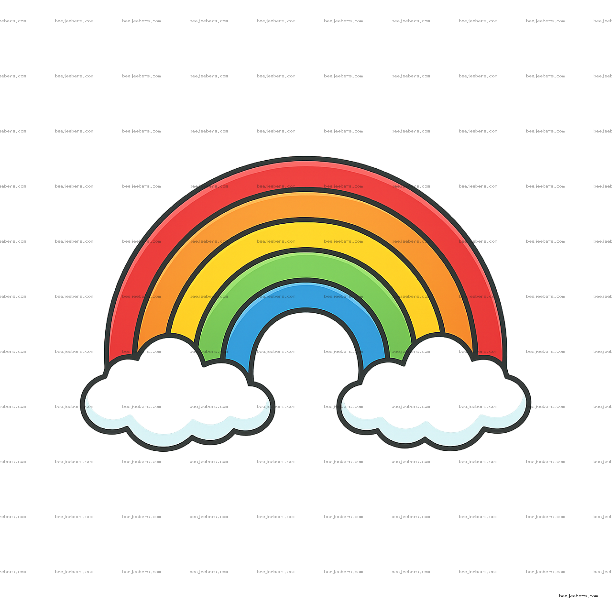 Colorful cartoon rainbow with seven arcs and two white clouds on transparent background