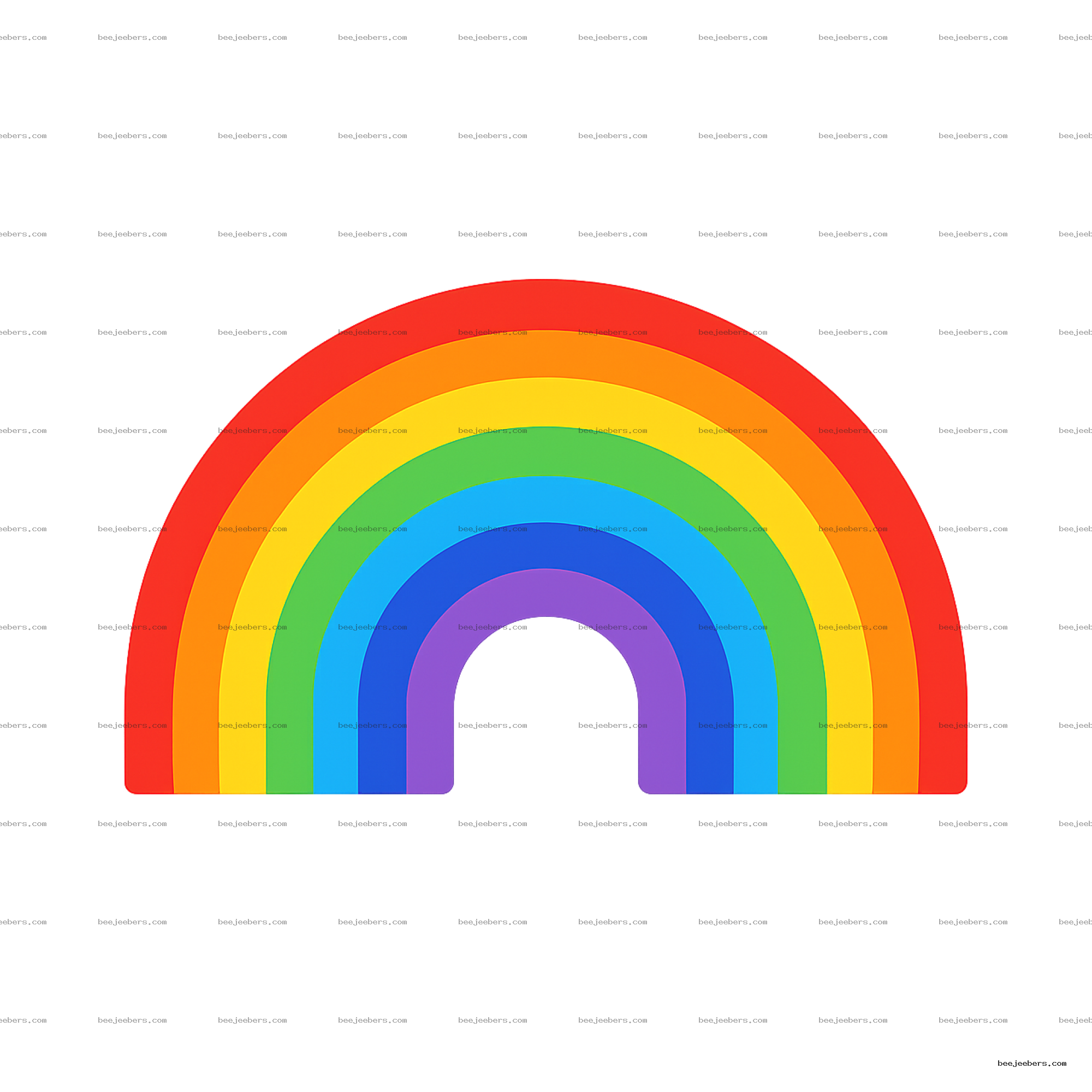 Clean vector half arch rainbow with seven solid color bands on transparent background