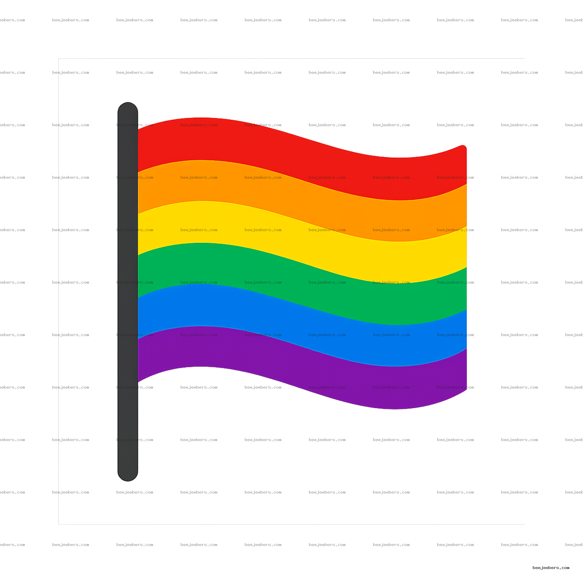Clean vector rainbow flag with six colorful wavy stripes on a black pole, transparent background
