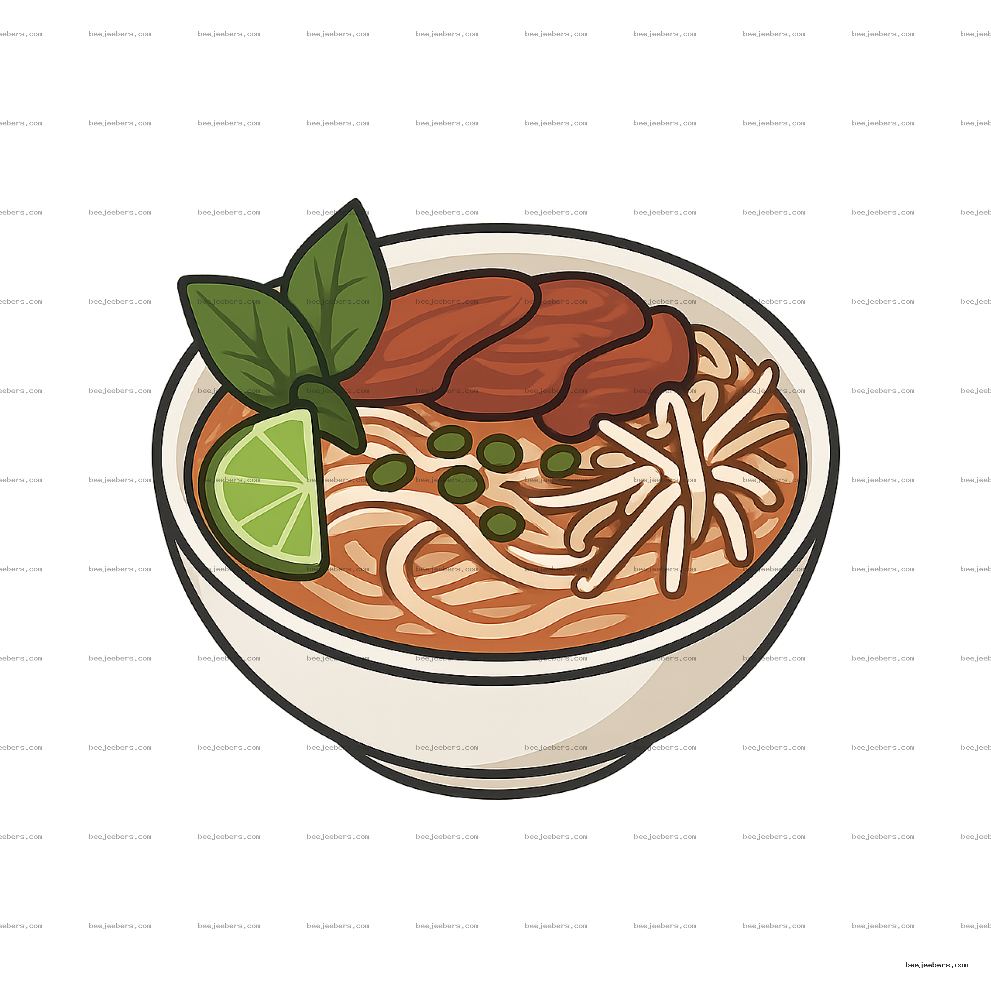 Vector illustration of a bowl of pho with noodles, beef, basil leaves, lime wedge, and green peas on transparent background