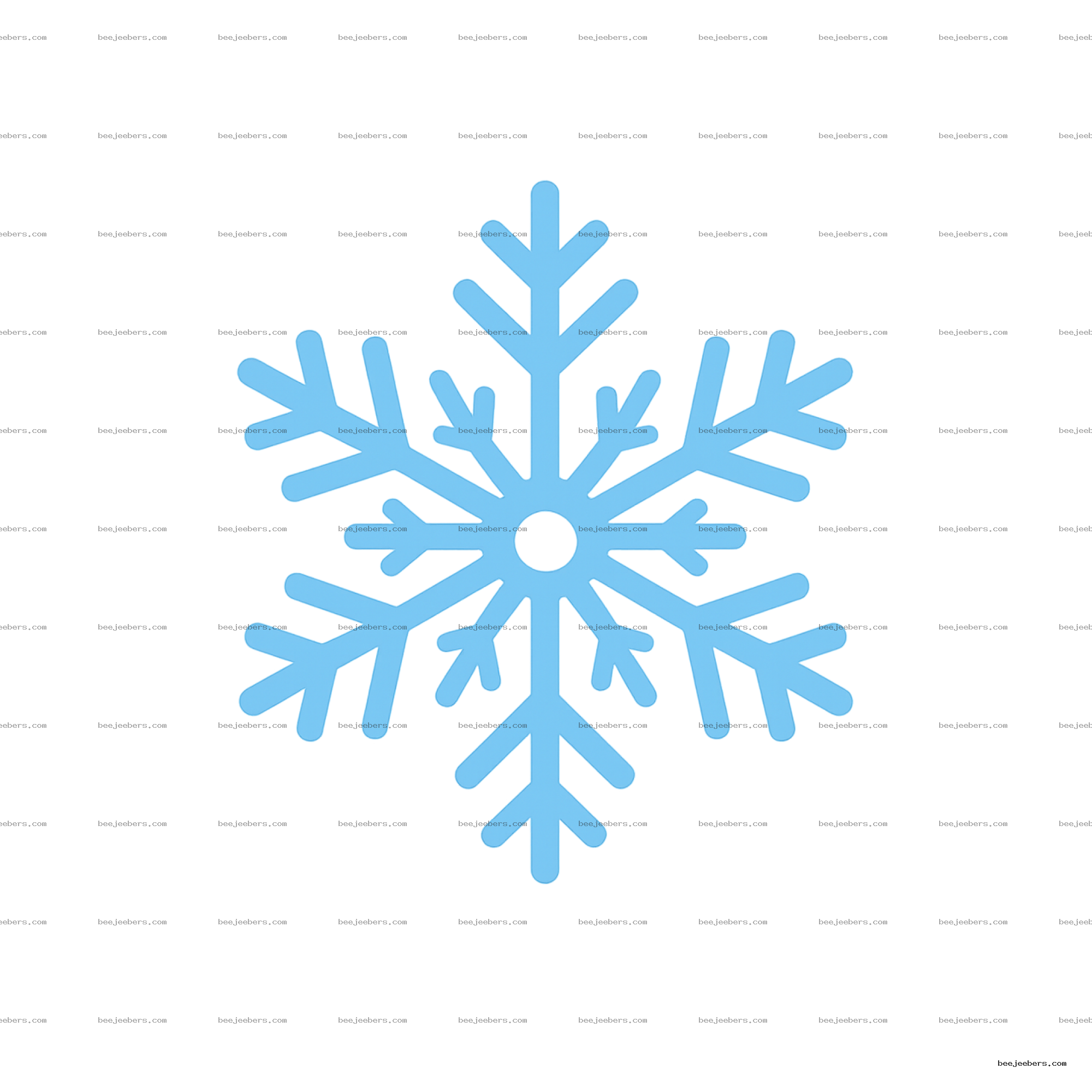 Light blue symmetrical snowflake with rounded branches on transparent background