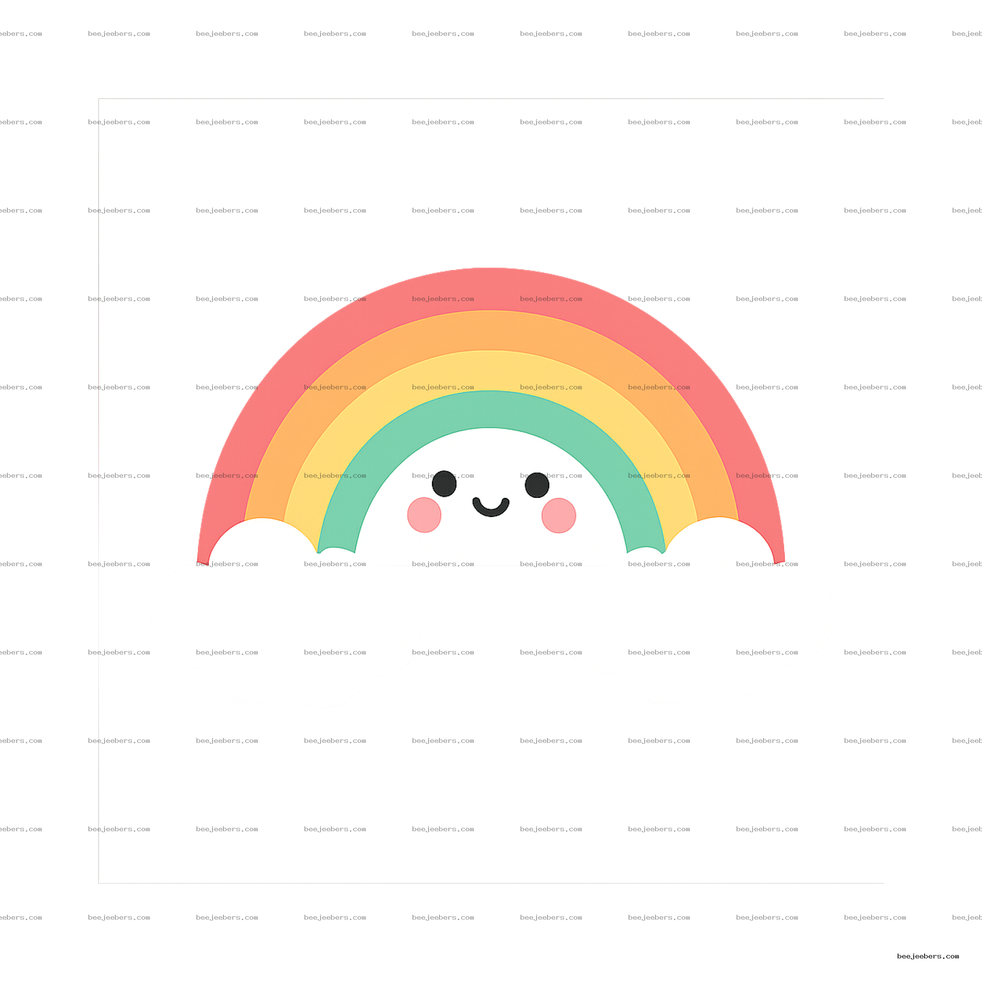 Cute smiling face rainbow with pastel colors and white clouds transparent PNG
