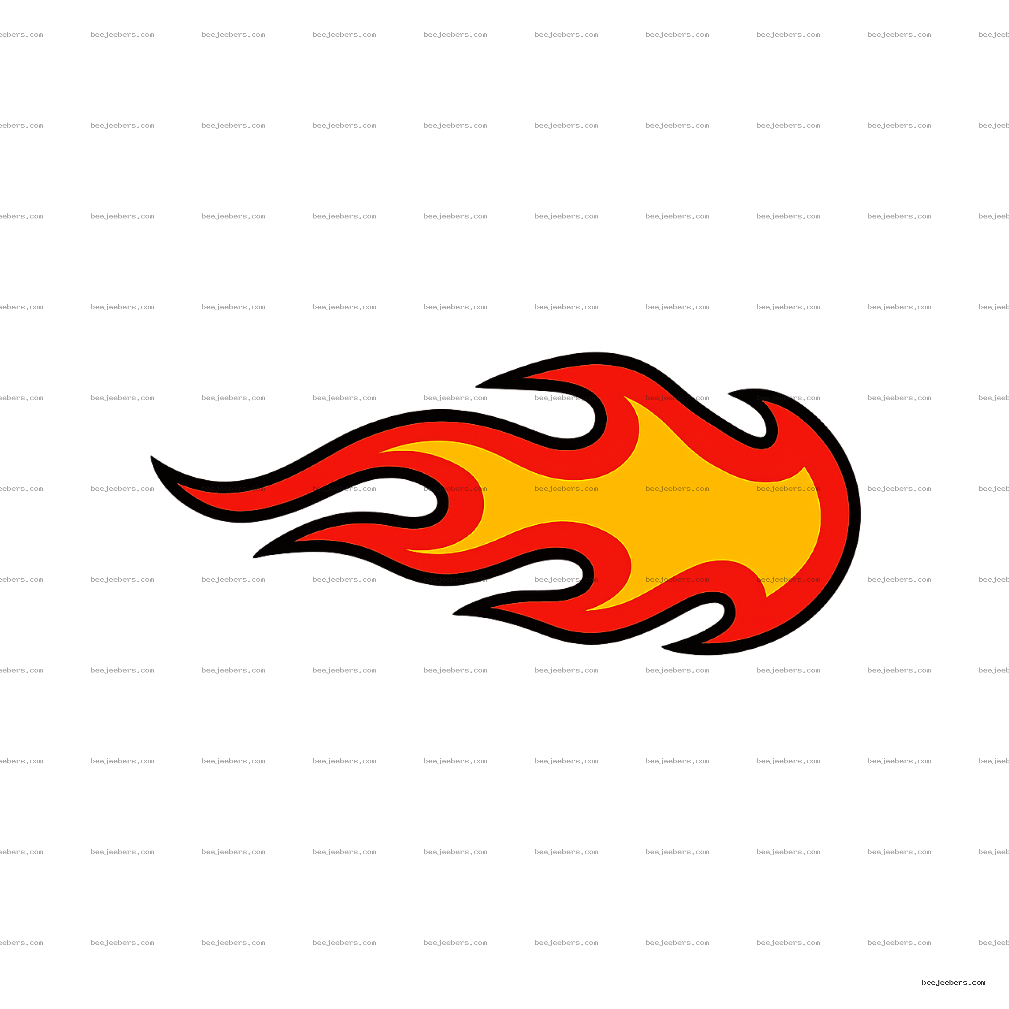 Clean vector flame graphic in bright yellow and red with black outline on transparent background