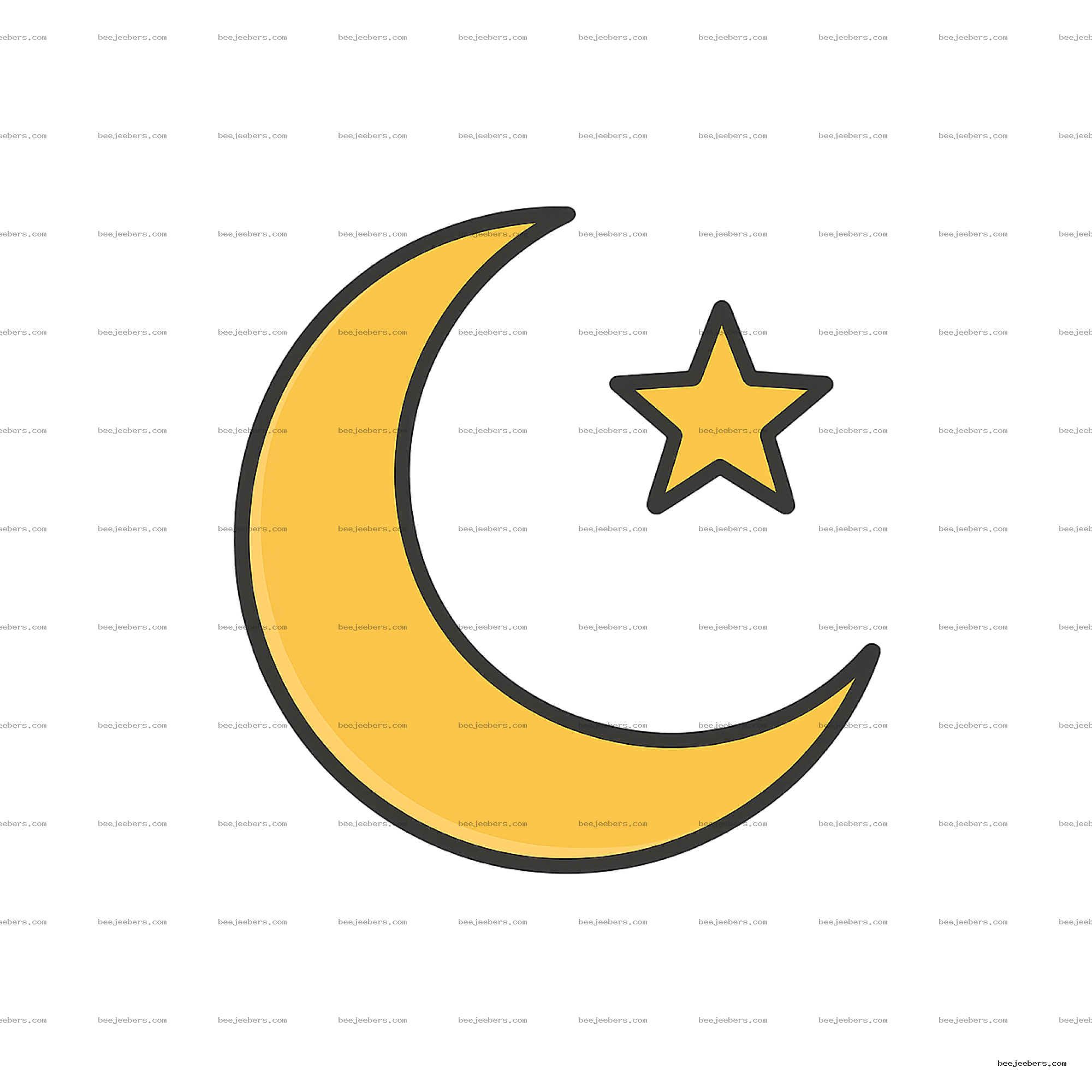 Yellow crescent moon with black outline next to a small yellow star on transparent background